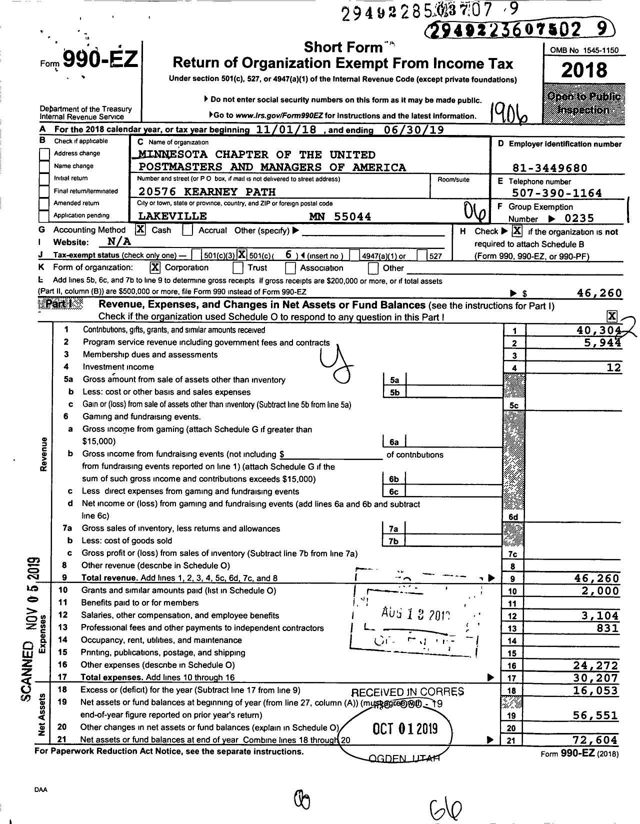 Image of first page of 2018 Form 990EO for Minnesota Chapter of the United Postmasters and Managers of America