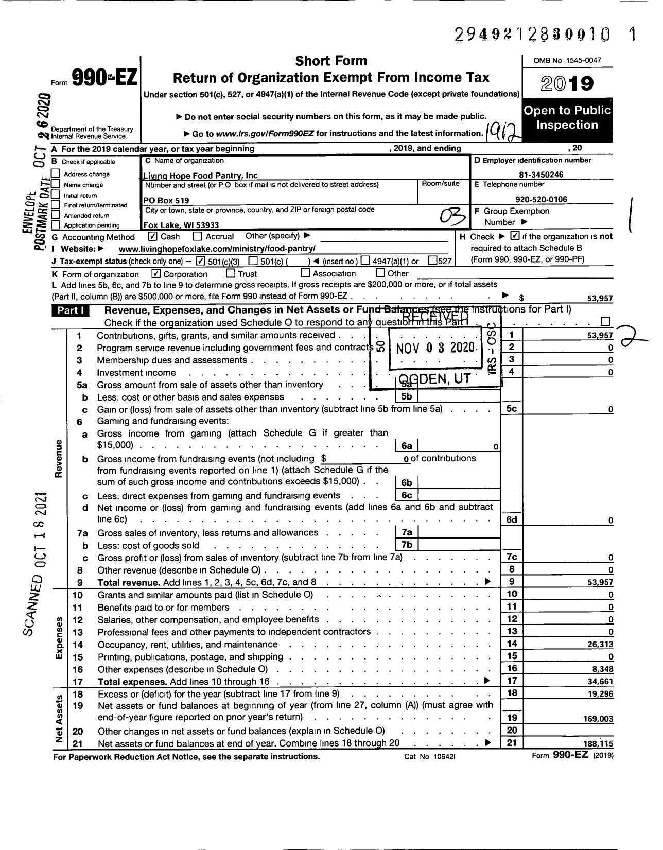 Image of first page of 2019 Form 990EZ for Living Hope Food Pantry