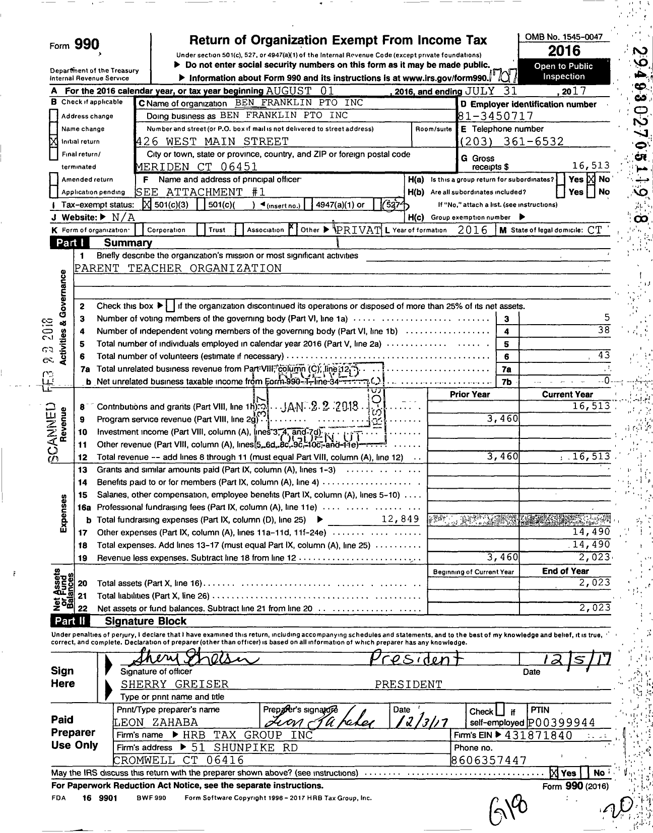 Image of first page of 2016 Form 990 for Ben Franklin Pto