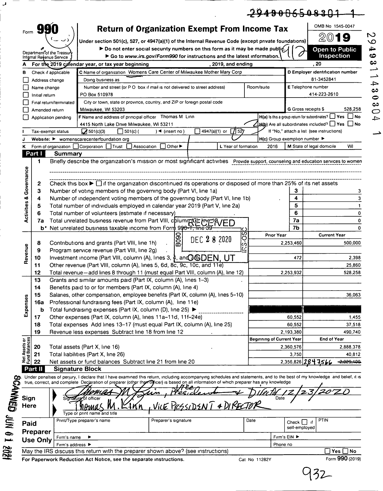 Image of first page of 2019 Form 990 for Women's Care Center of Milwaukee Mother Mary Corp