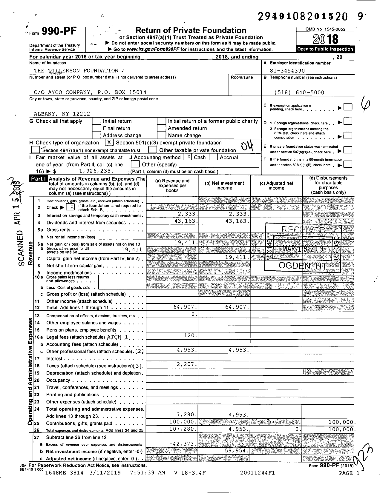 Image of first page of 2018 Form 990PF for The Tillerson Foundation