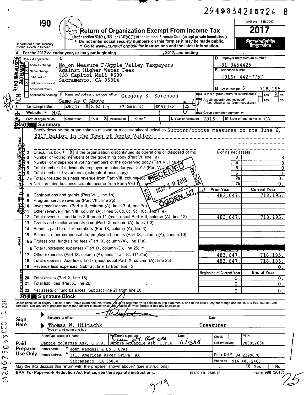 Image of first page of 2017 Form 990O for Apple Valley Citizens Right to Vote on Debt Committee