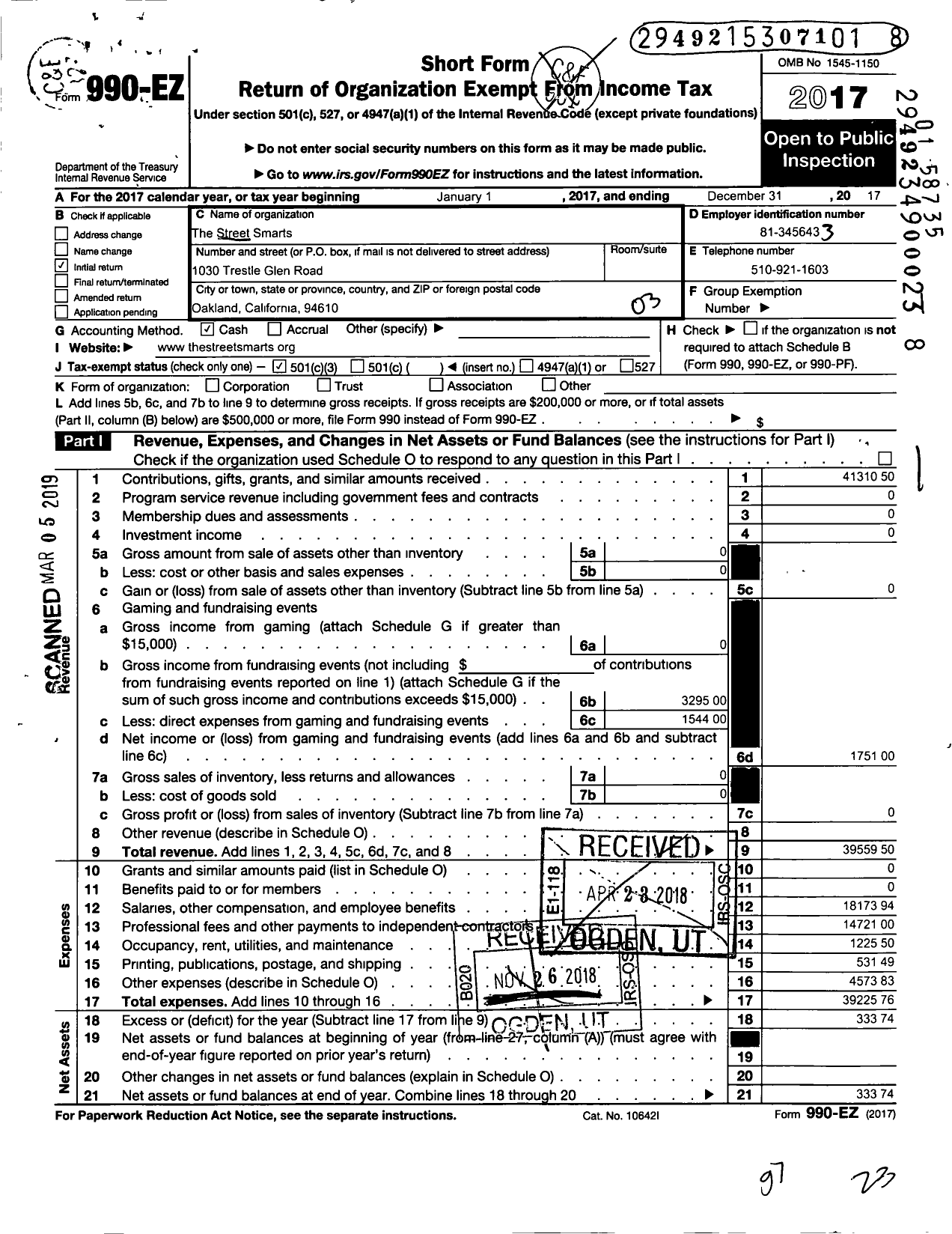 Image of first page of 2017 Form 990EZ for The Street Smarts