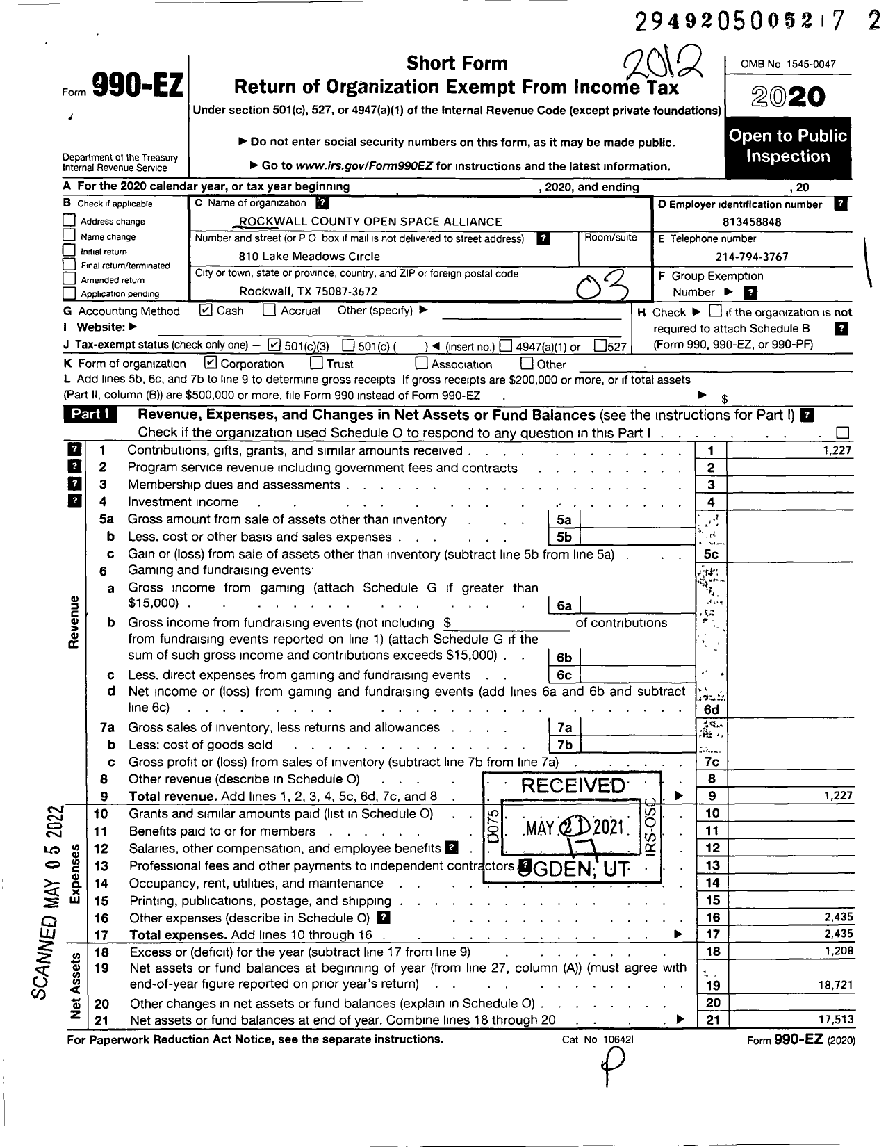 Image of first page of 2020 Form 990EZ for Rockwall County Open Space Alliance