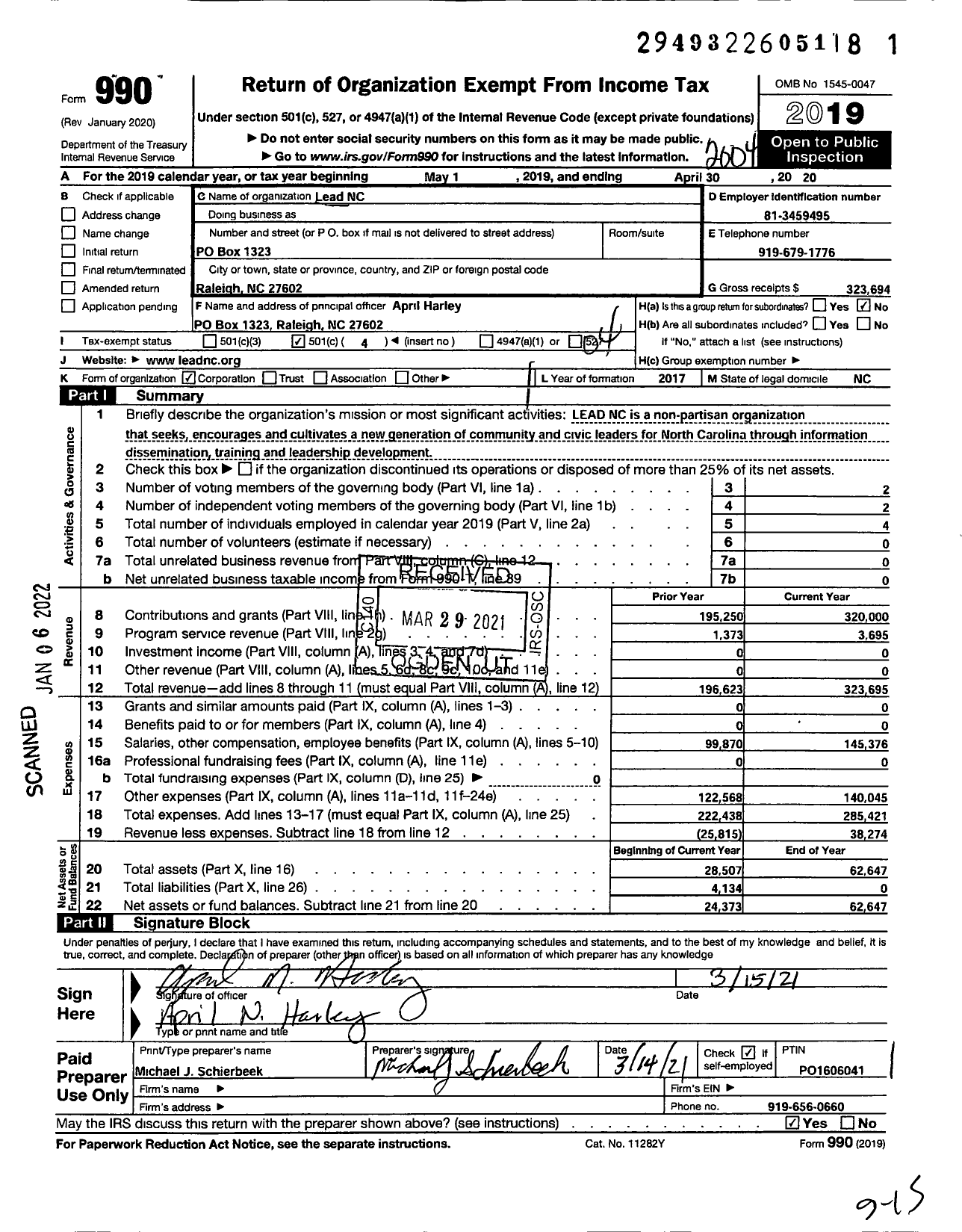 Image of first page of 2019 Form 990O for Lead NC