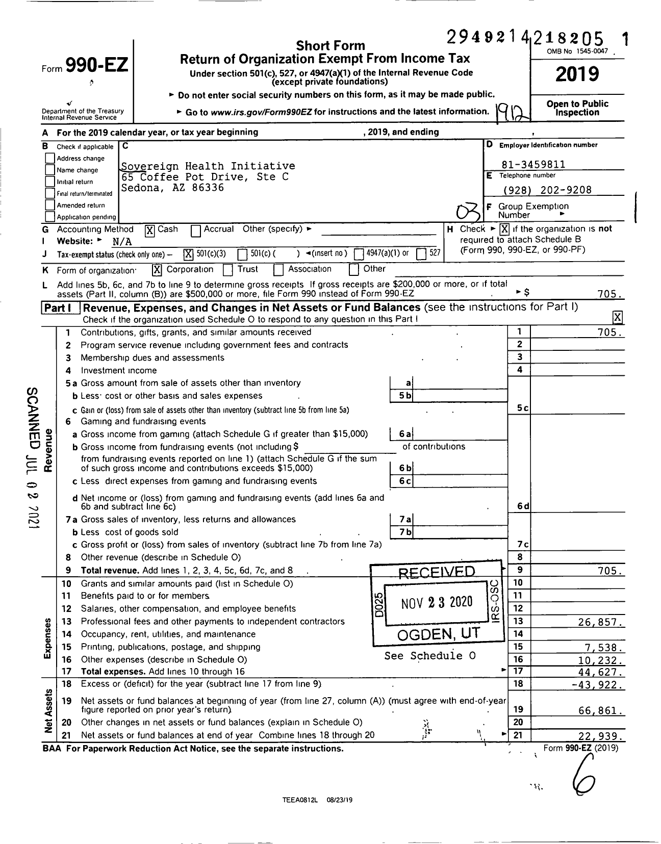 Image of first page of 2019 Form 990EZ for Sovereign Health Initiative