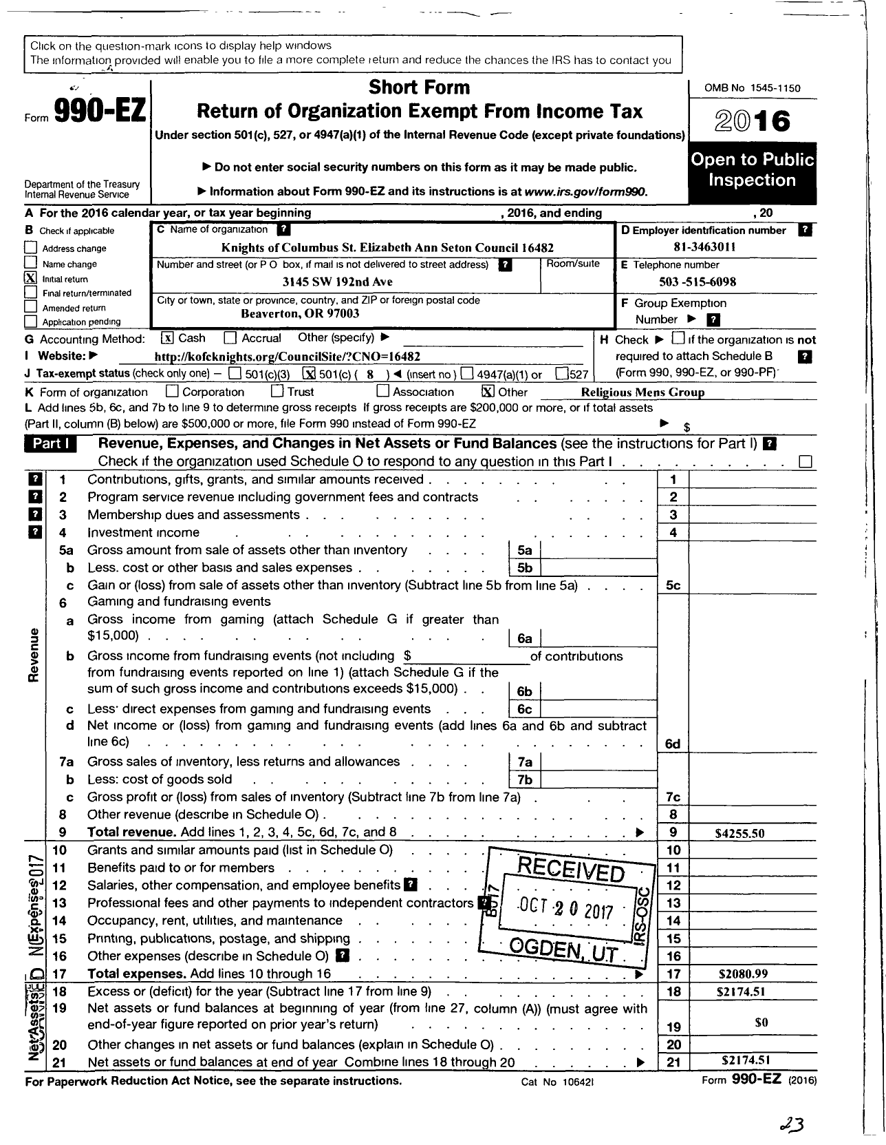 Image of first page of 2016 Form 990EO for Knights of Columbus - 16482 St Elizabeth Ann Seton Counci