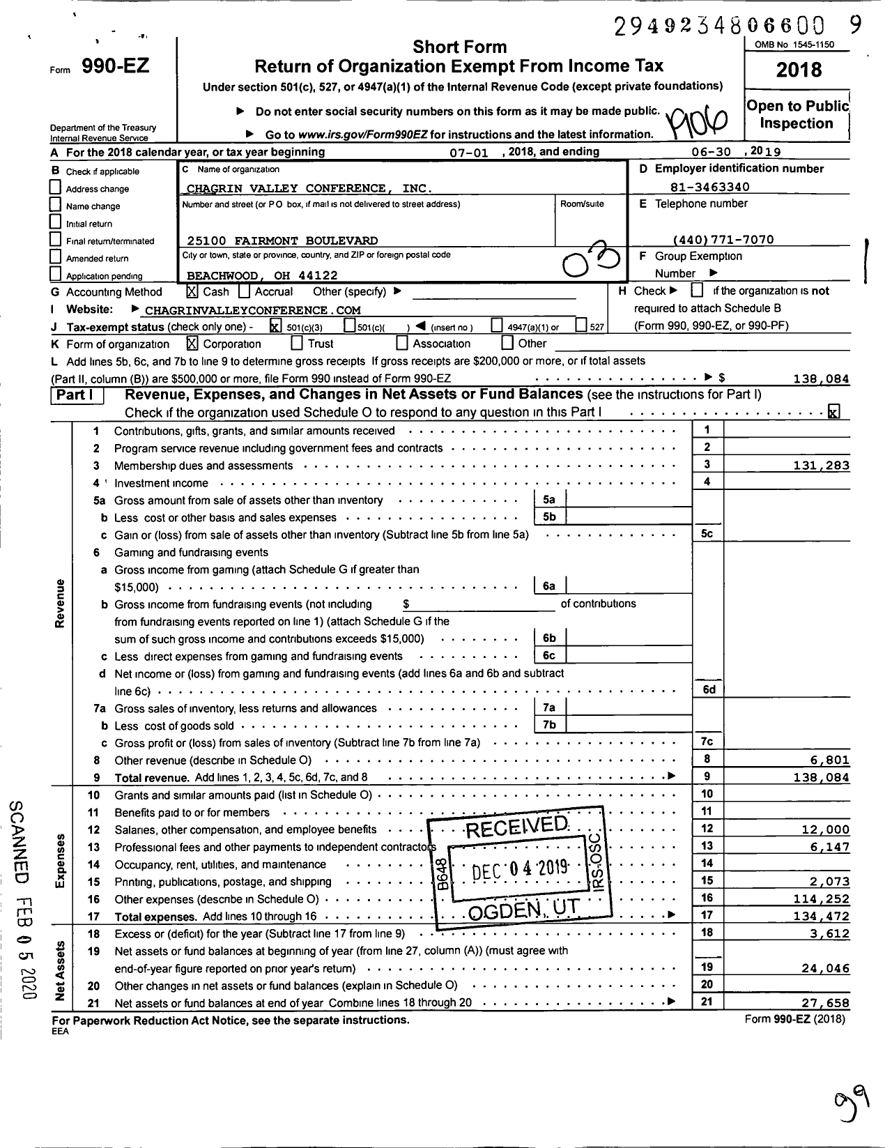 Image of first page of 2018 Form 990EZ for Chagrin Valley Conference