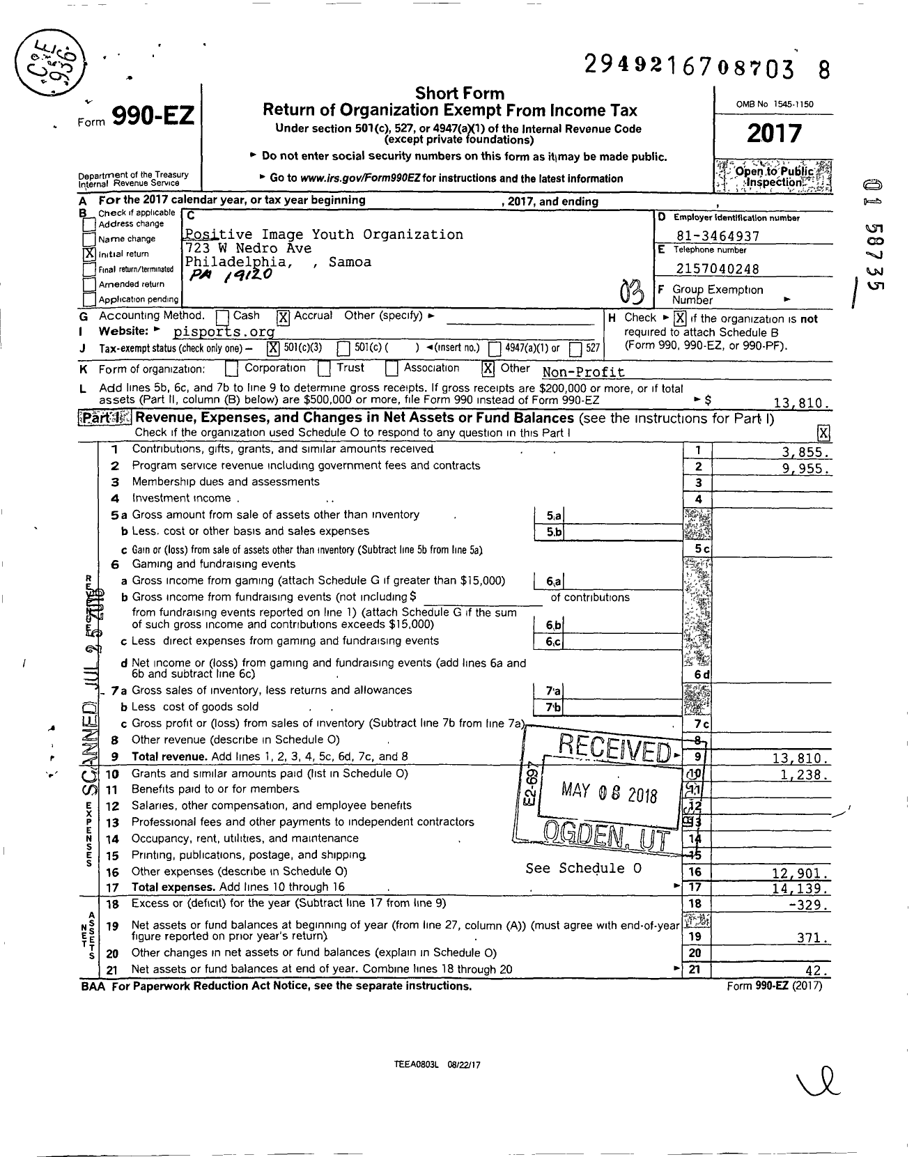 Image of first page of 2017 Form 990EZ for Positive Image Youth Organization