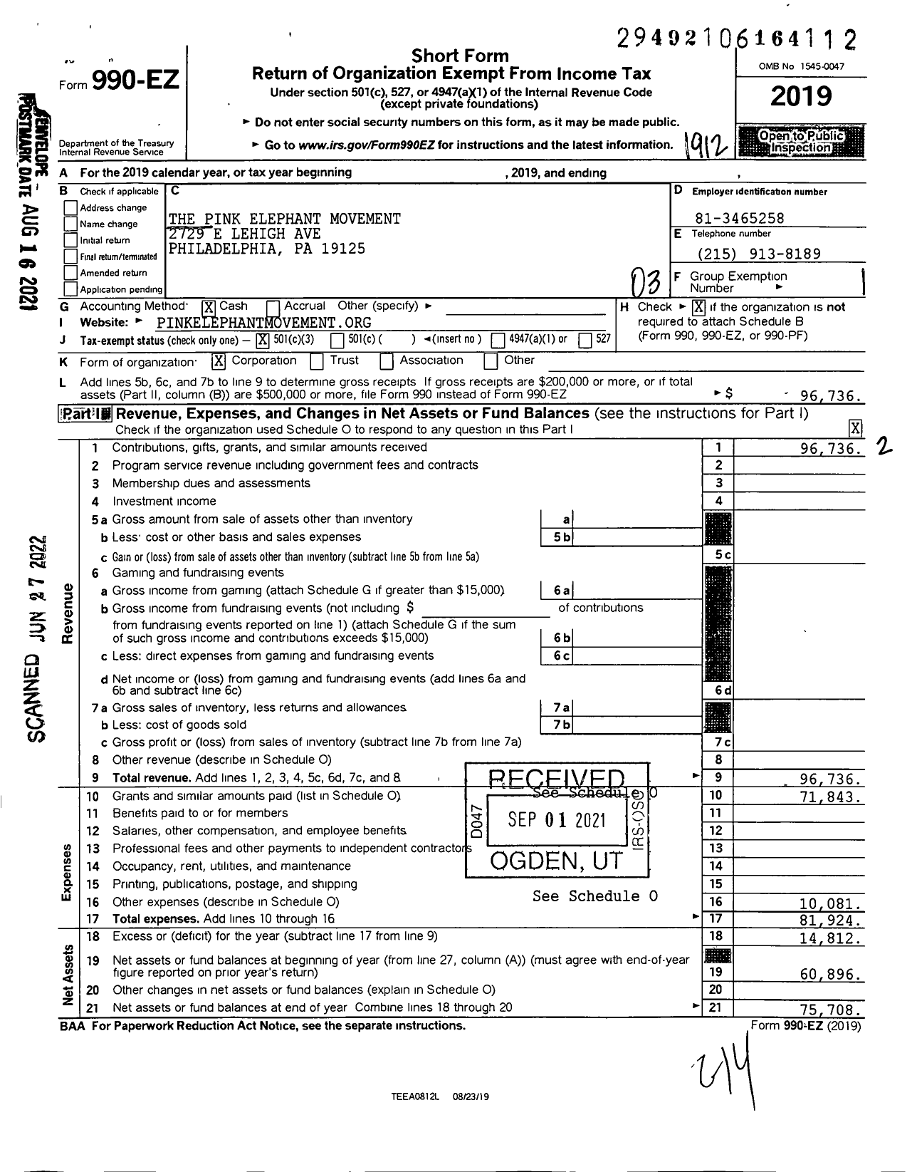 Image of first page of 2019 Form 990EZ for Pink Elephant
