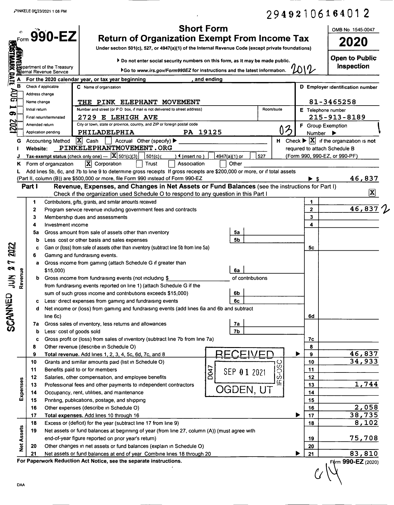 Image of first page of 2020 Form 990EZ for Pink Elephant