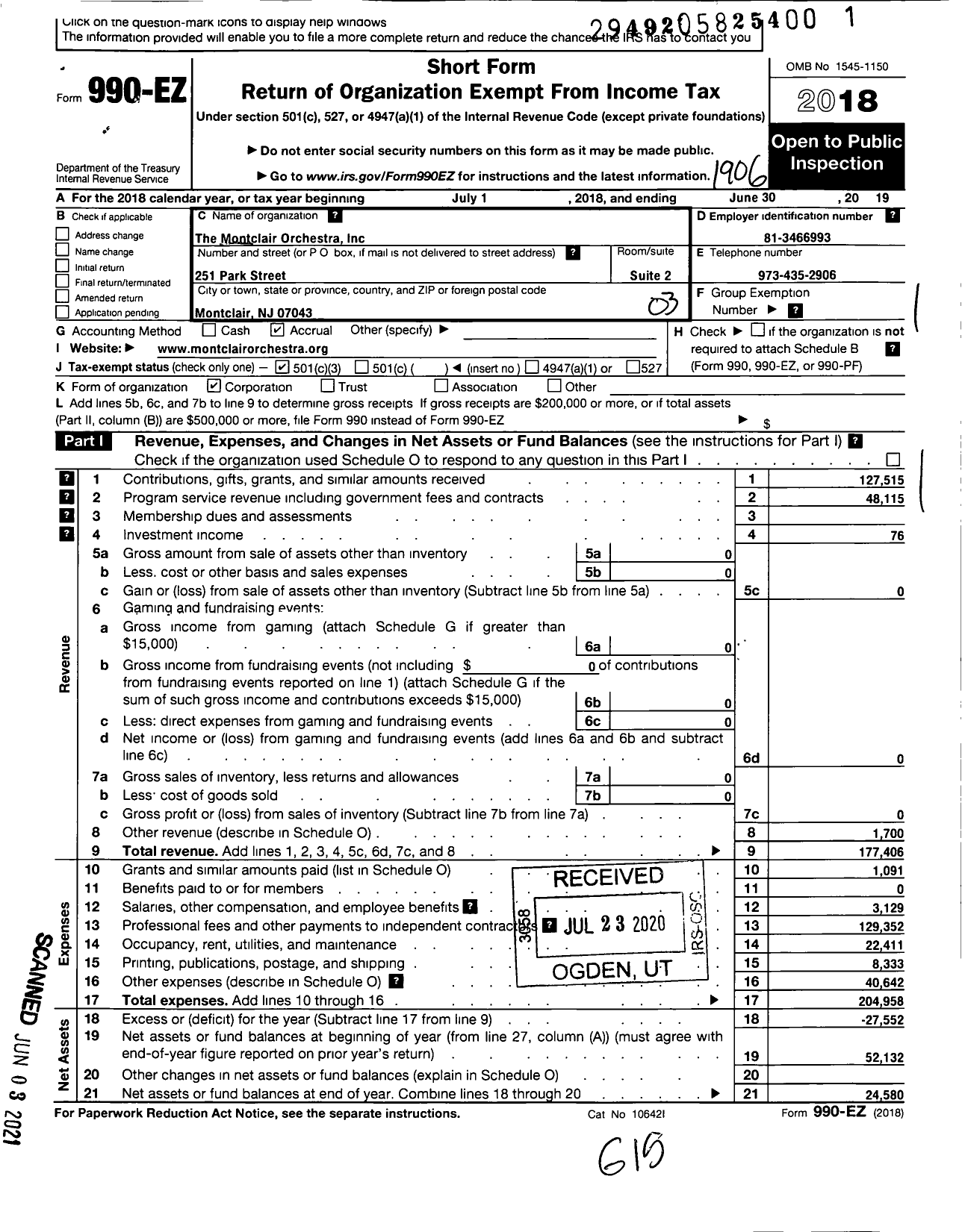 Image of first page of 2018 Form 990EZ for The Montclair Orchestra