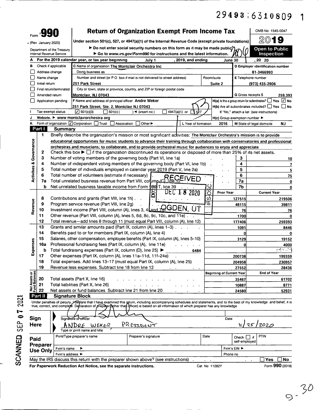 Image of first page of 2019 Form 990 for The Montclair Orchestra