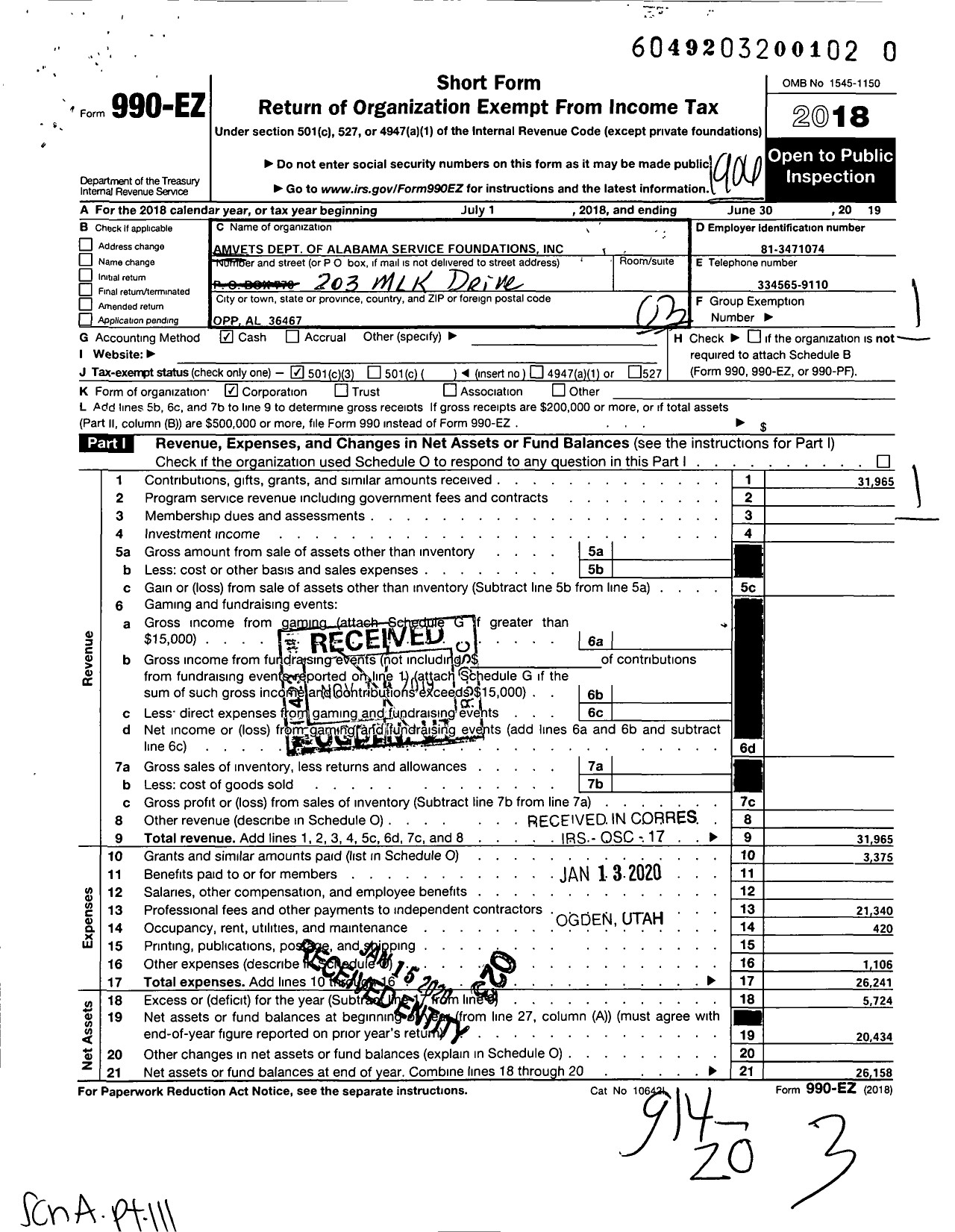 Image of first page of 2018 Form 990EZ for Amvets Dept of Alabama Service Foundation