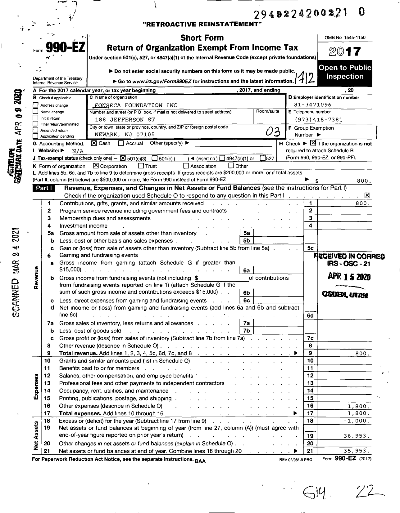 Image of first page of 2017 Form 990EZ for Fonseca Foundation