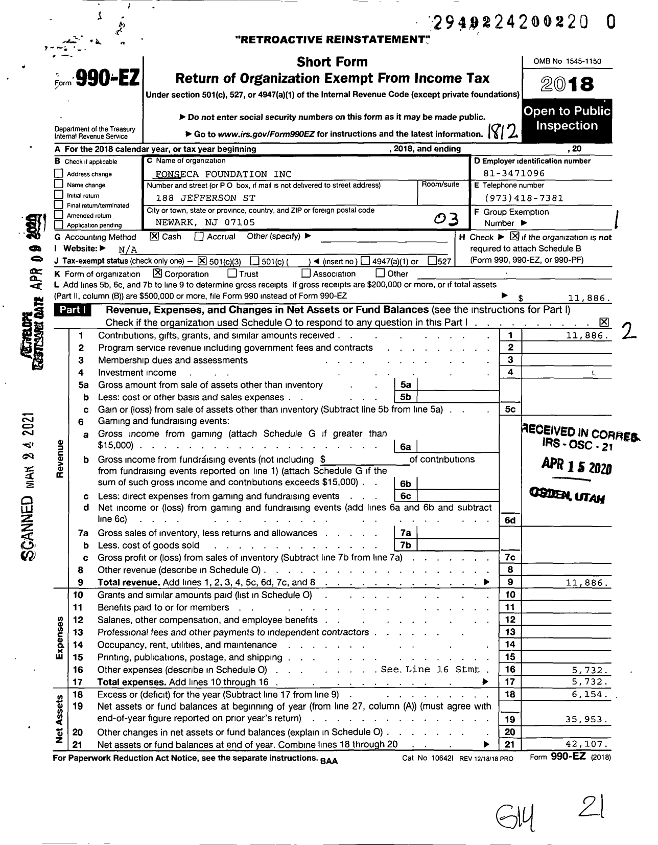 Image of first page of 2018 Form 990EZ for Fonseca Foundation