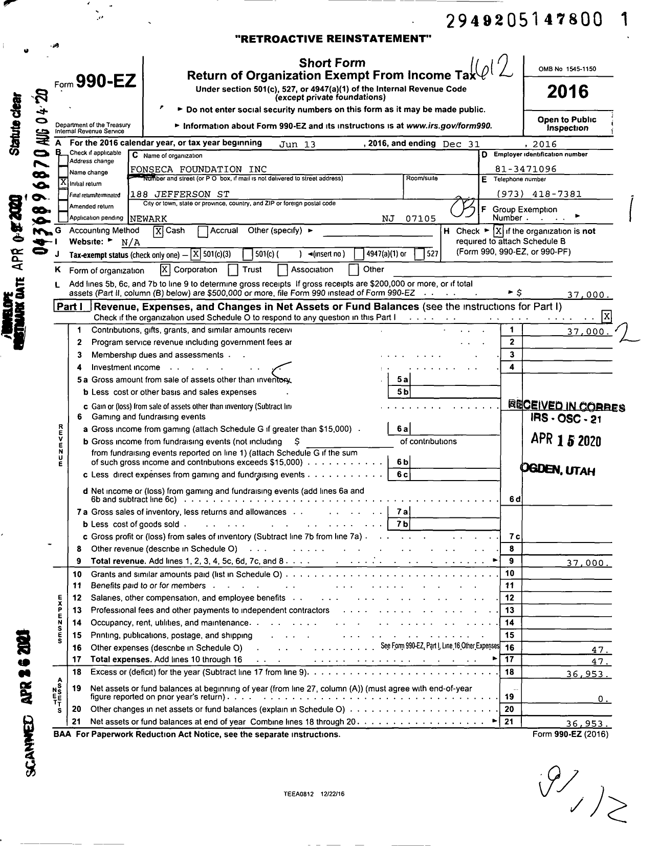 Image of first page of 2016 Form 990EZ for Fonseca Foundation