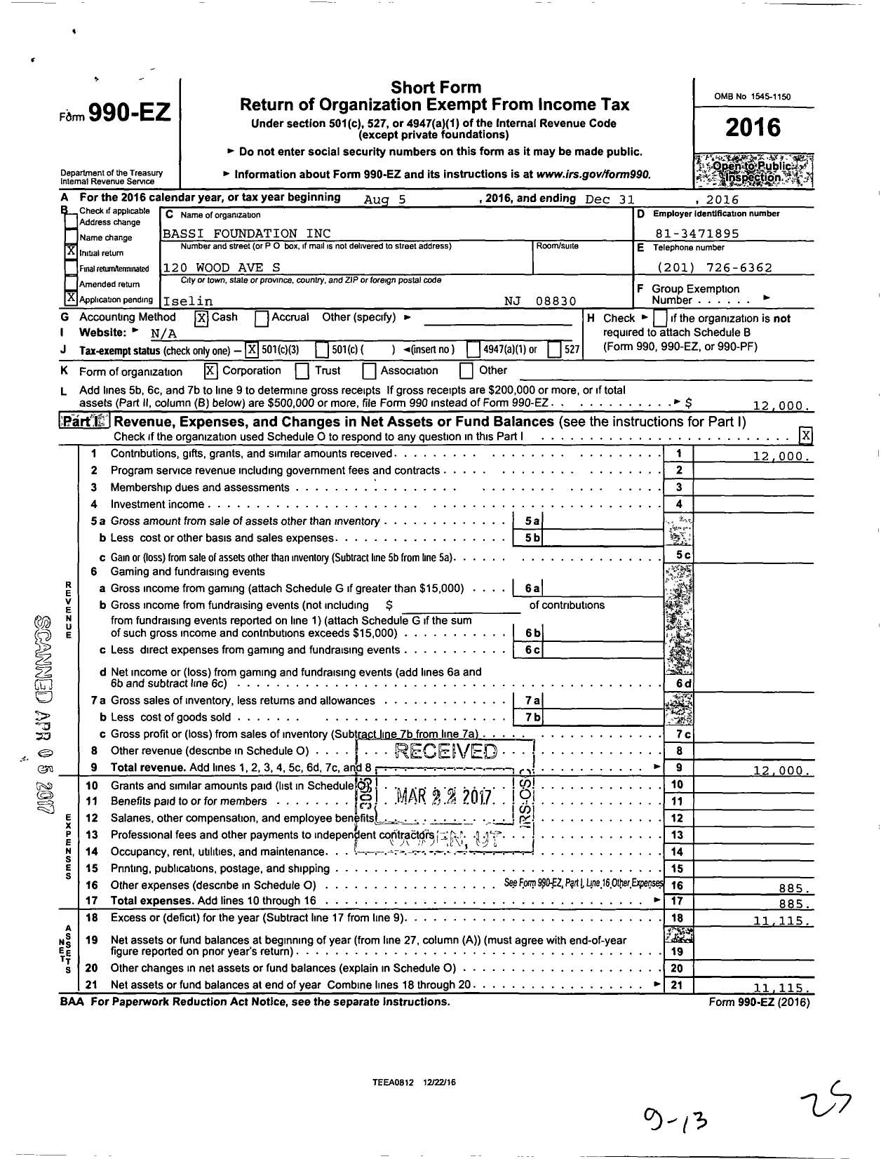 Image of first page of 2016 Form 990EZ for Bassi Foundation