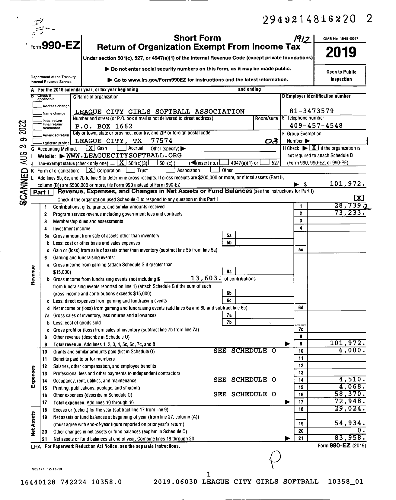 Image of first page of 2020 Form 990EZ for League City Girls Softball Association