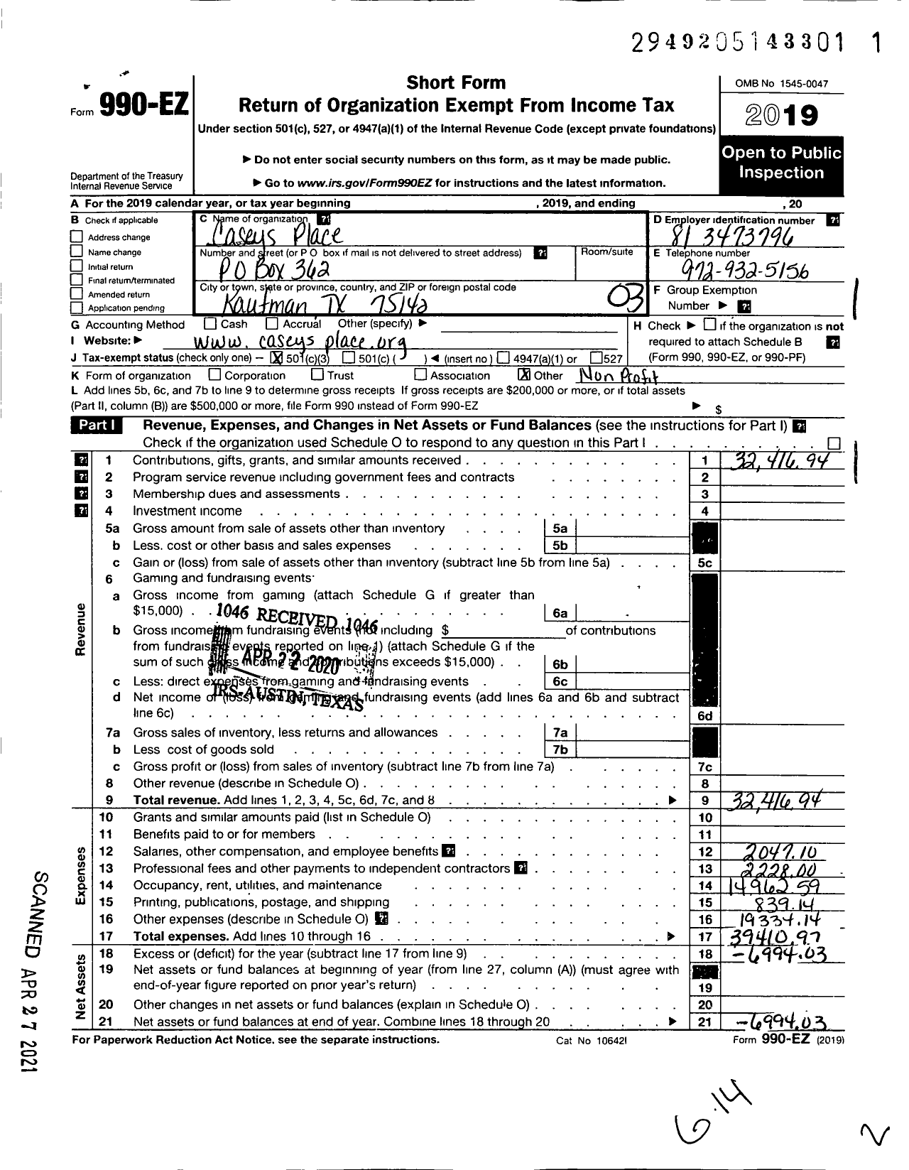 Image of first page of 2019 Form 990EZ for Caseys Place