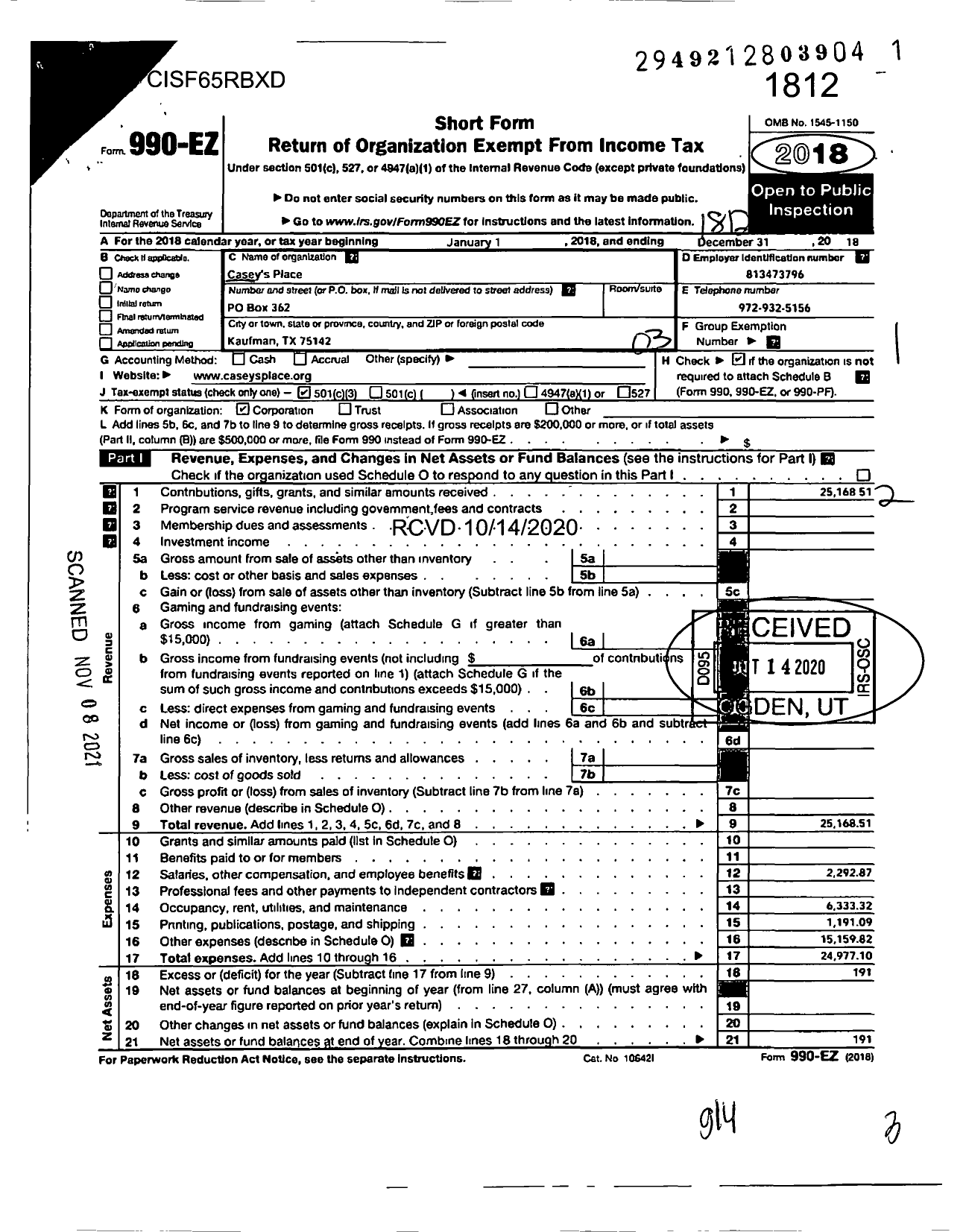 Image of first page of 2018 Form 990EZ for Caseys Place