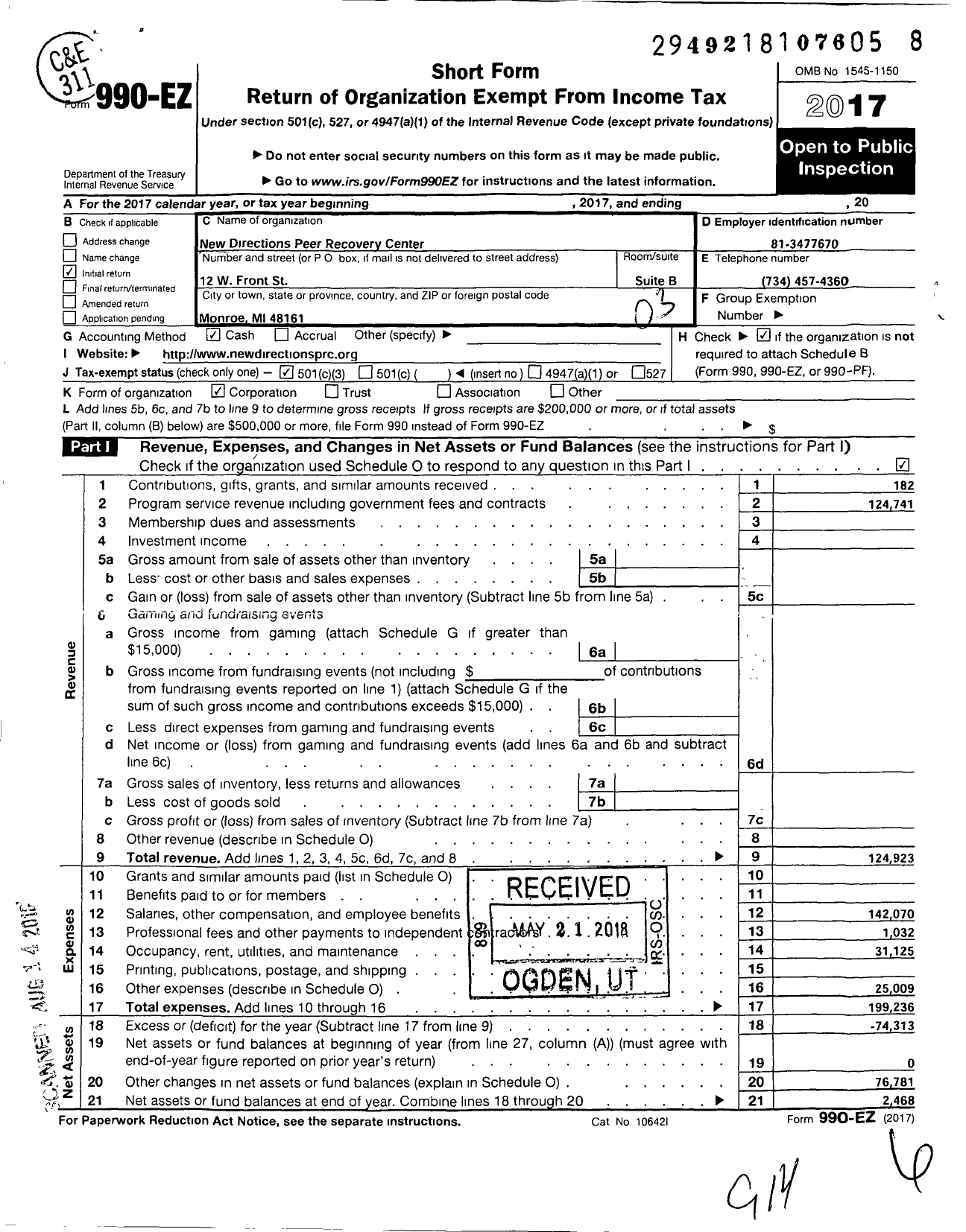 Image of first page of 2017 Form 990EZ for New Directions Peer Recovery Center