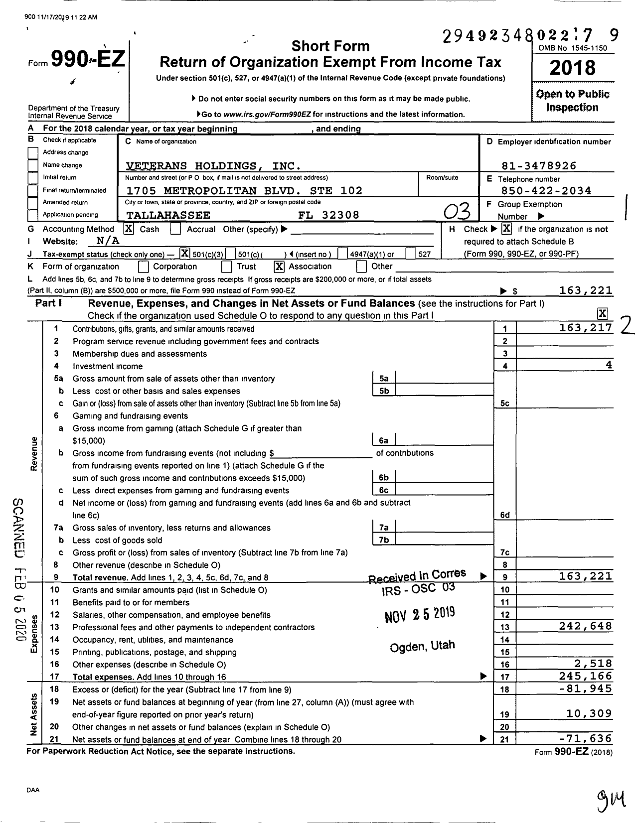 Image of first page of 2018 Form 990EZ for Veterans Holdings