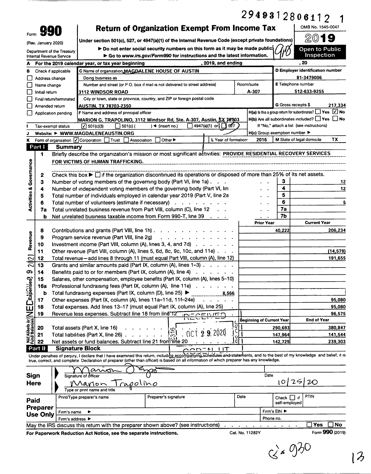 Image of first page of 2019 Form 990 for Magdalene House of Austin