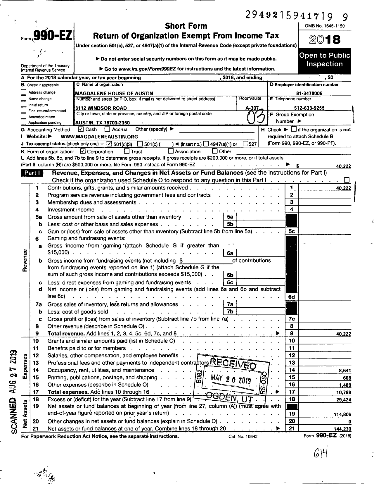 Image of first page of 2018 Form 990EZ for Magdalene House of Austin