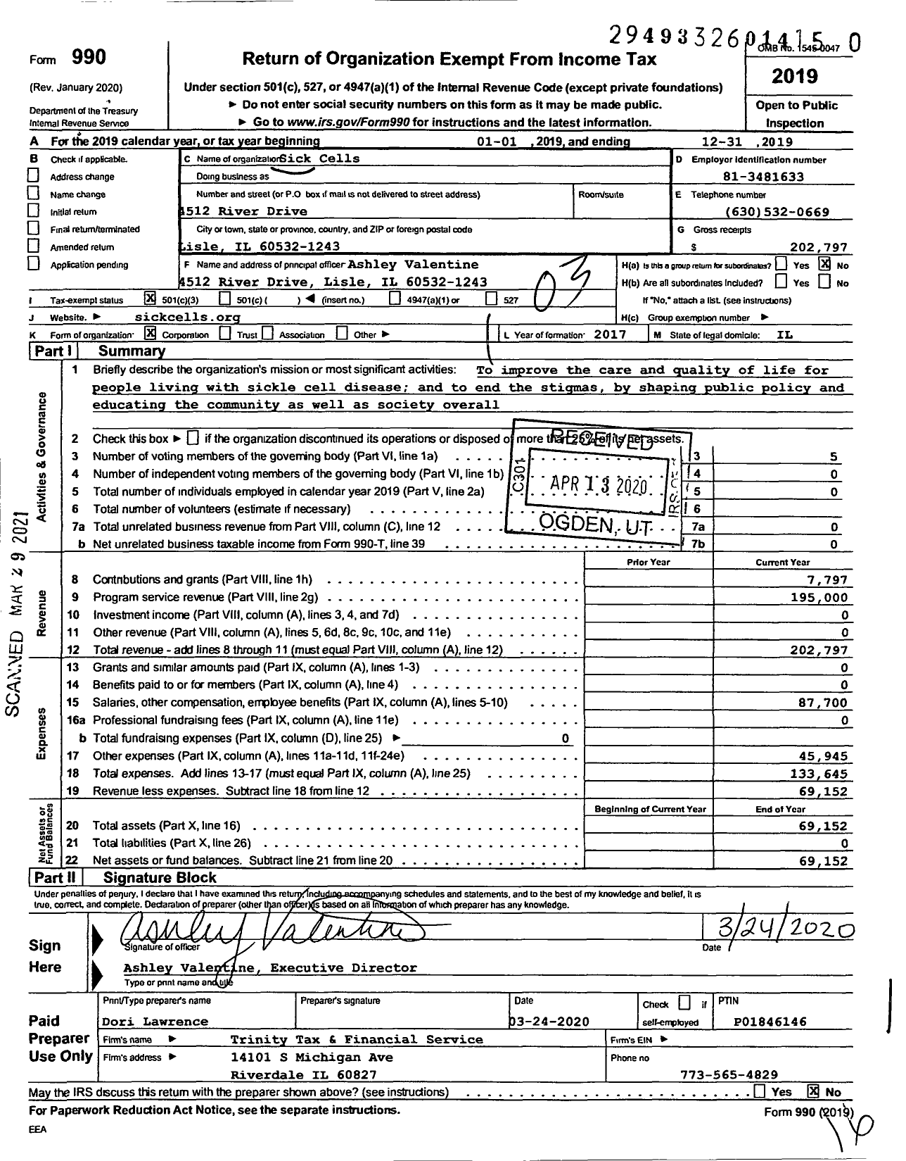 Image of first page of 2019 Form 990 for Sick Cells