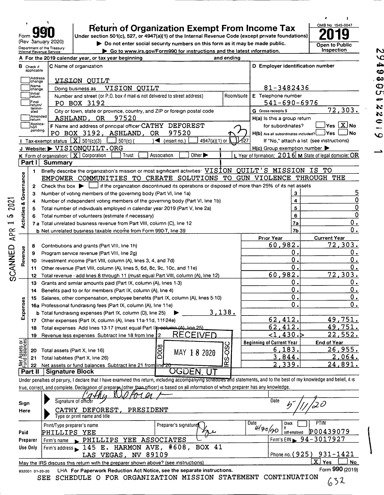 Image of first page of 2019 Form 990 for Vision Quilt