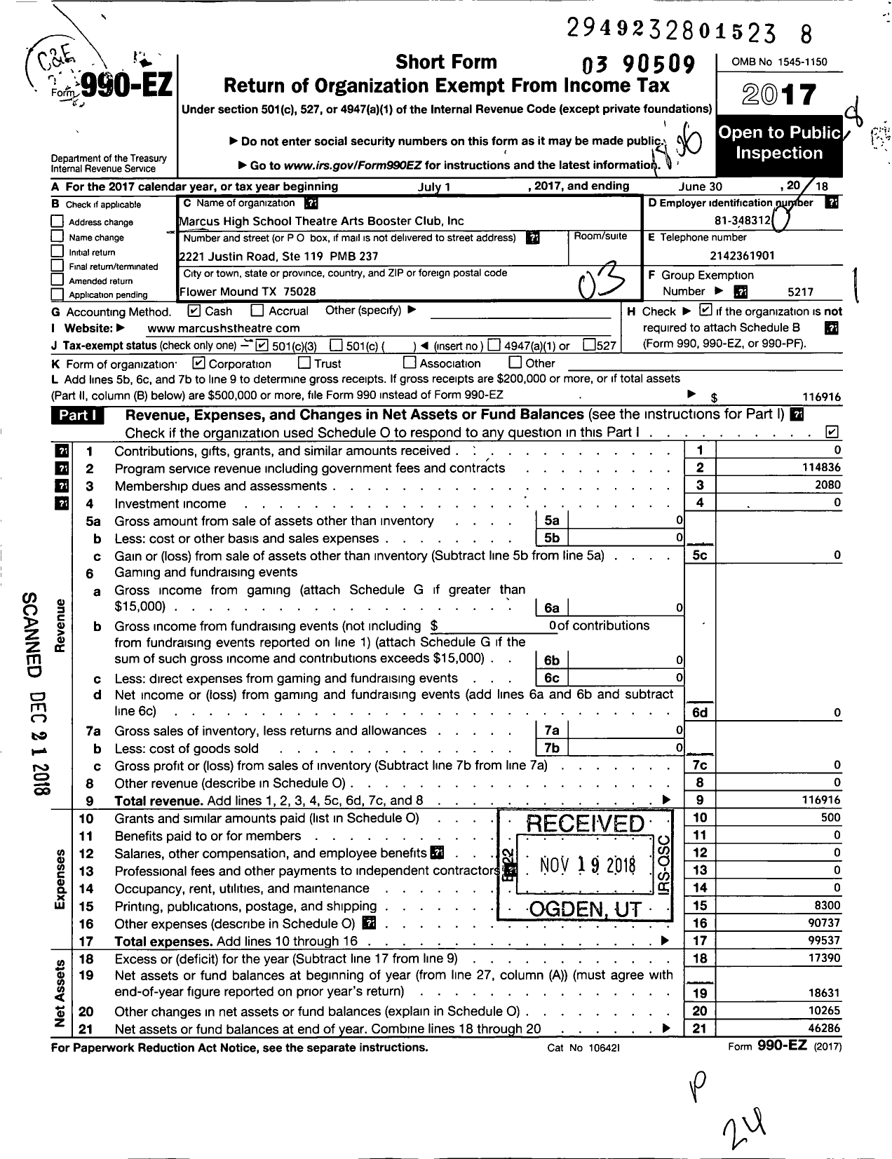 Image of first page of 2017 Form 990EZ for Parent Booster USA / Marcus High School Theatre Arts Boo