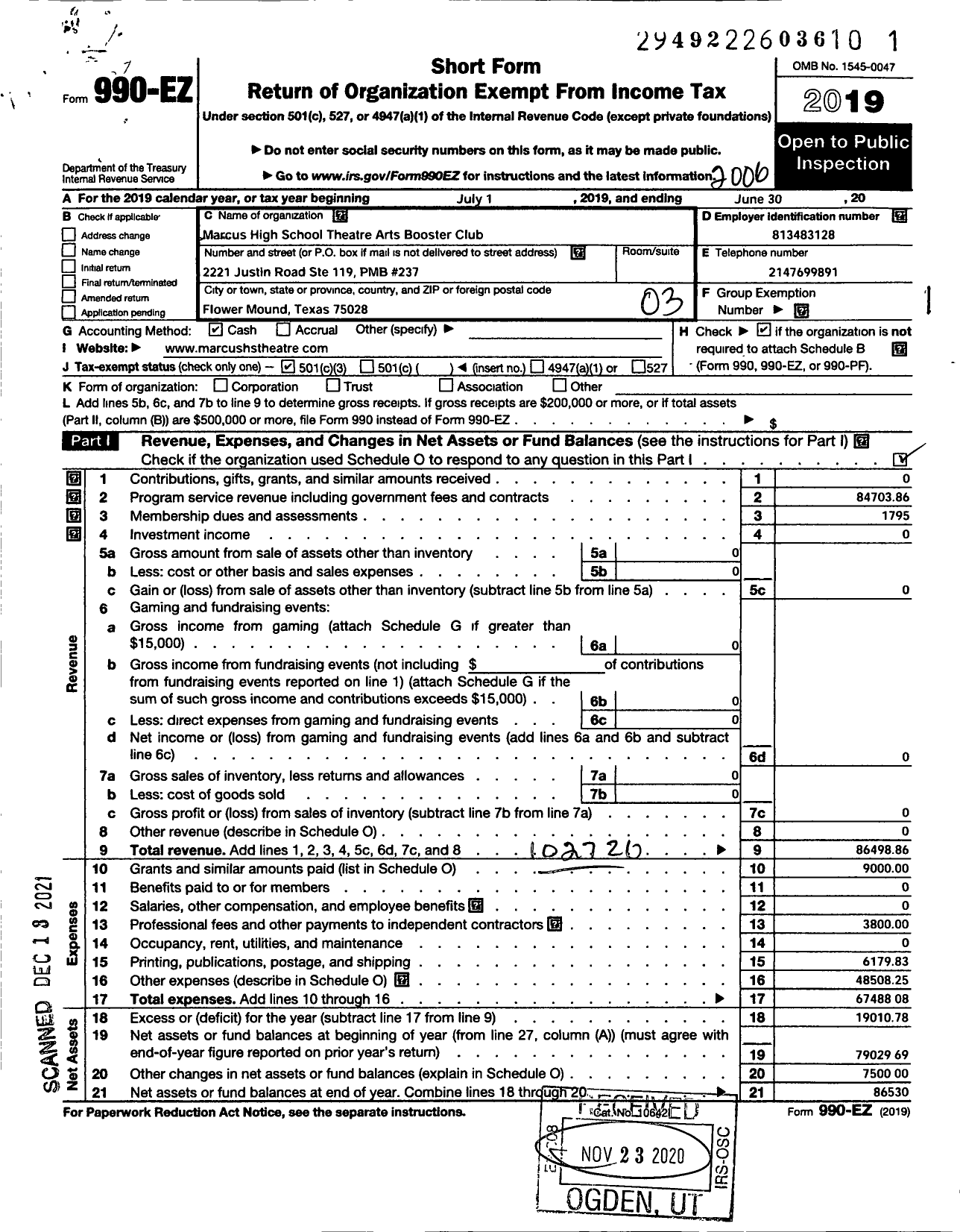 Image of first page of 2019 Form 990EZ for Parent Booster USA / Marcus High School Theatre Arts Boo