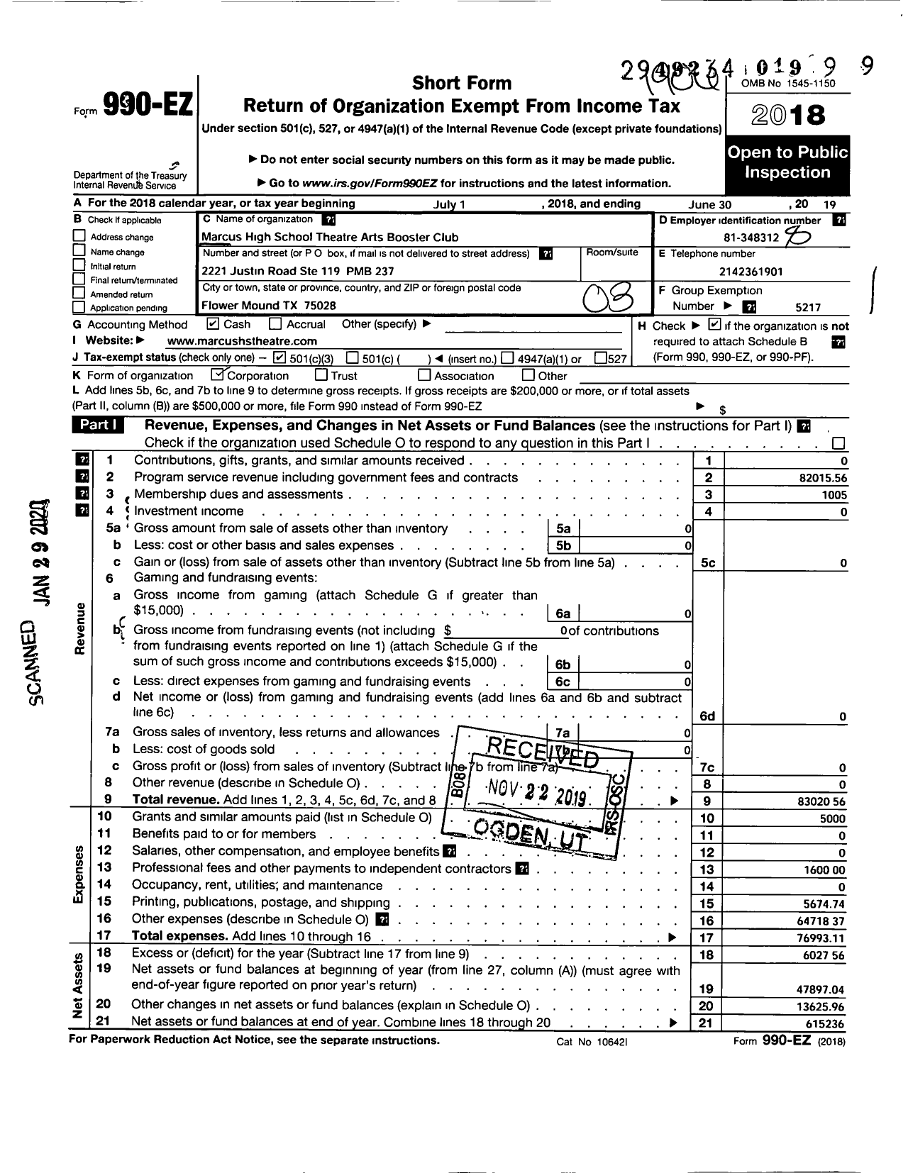 Image of first page of 2018 Form 990EZ for Parent Booster USA / Marcus High School Theatre Arts Boo