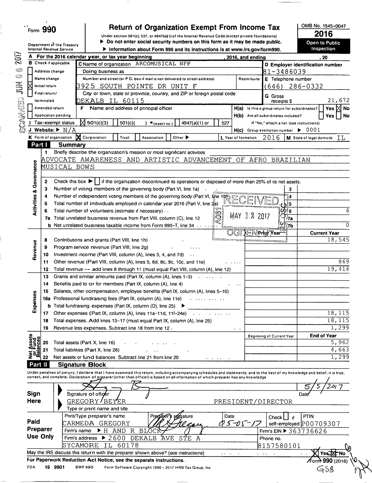 Image of first page of 2016 Form 990 for Arcomusical NFP