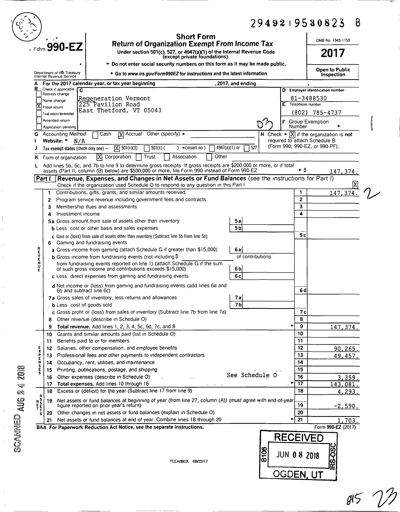 Image of first page of 2017 Form 990EZ for Regeneration Vermont