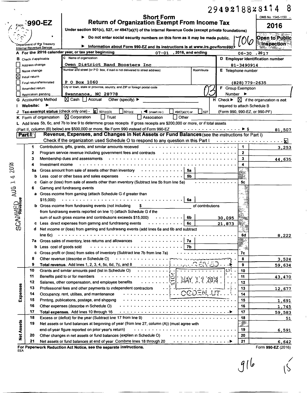 Image of first page of 2016 Form 990EZ for Owen District Band Boosters