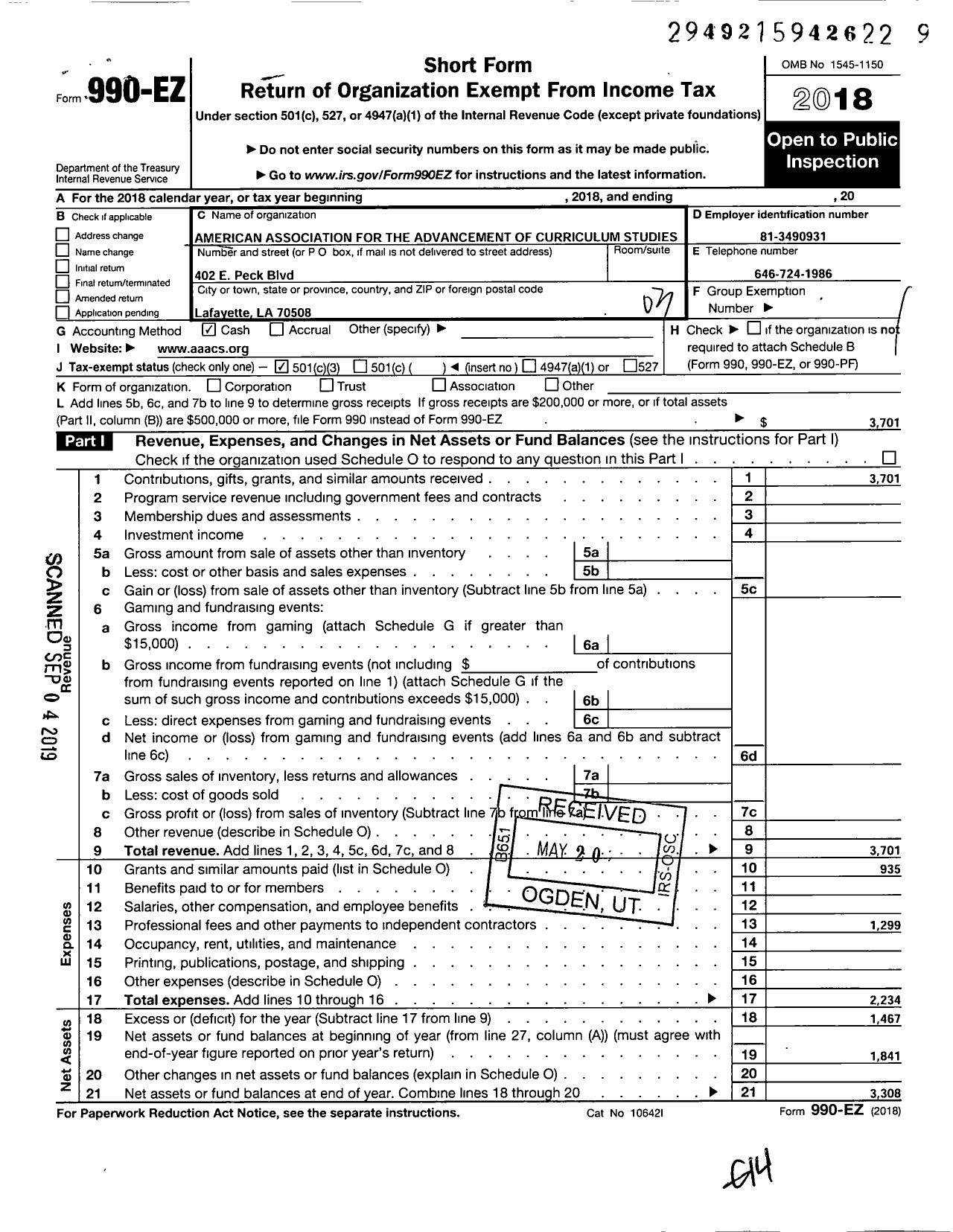 Image of first page of 2018 Form 990EZ for American Association for the Advancement of Curriculum Studies