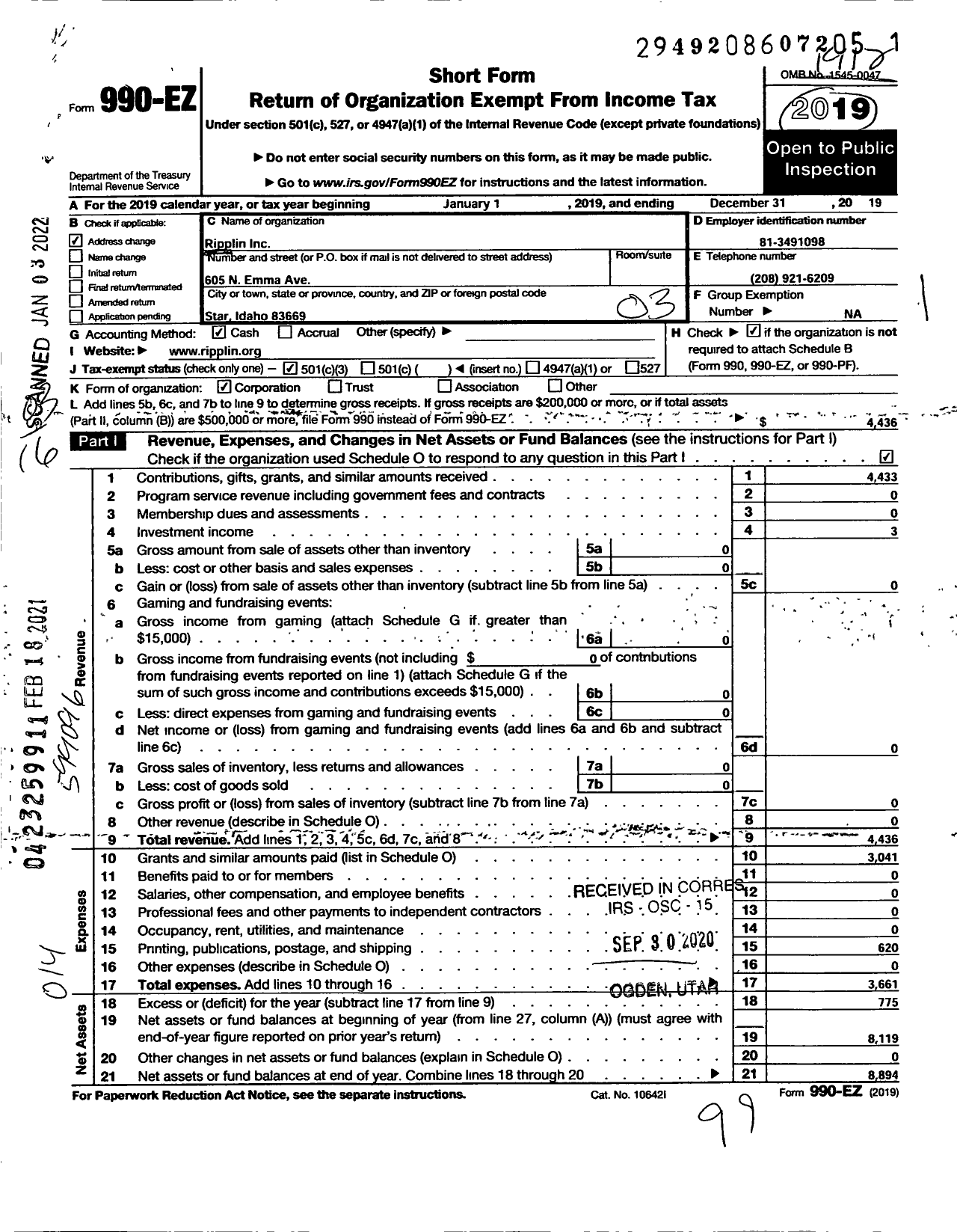 Image of first page of 2019 Form 990EZ for Ripplin