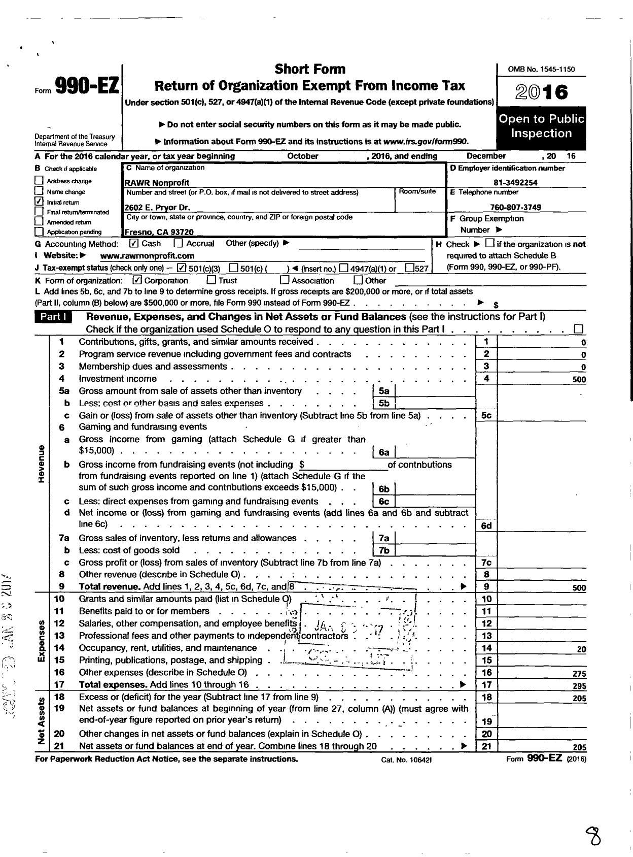 Image of first page of 2016 Form 990EZ for Rawr Nonprofit