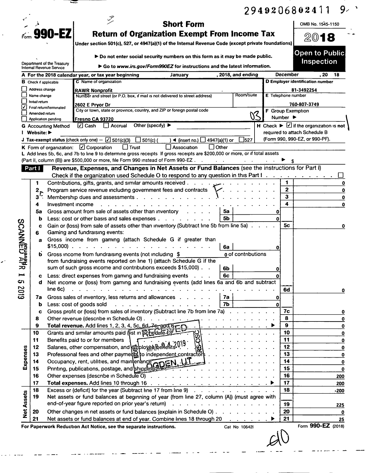 Image of first page of 2018 Form 990EZ for Rawr Nonprofit