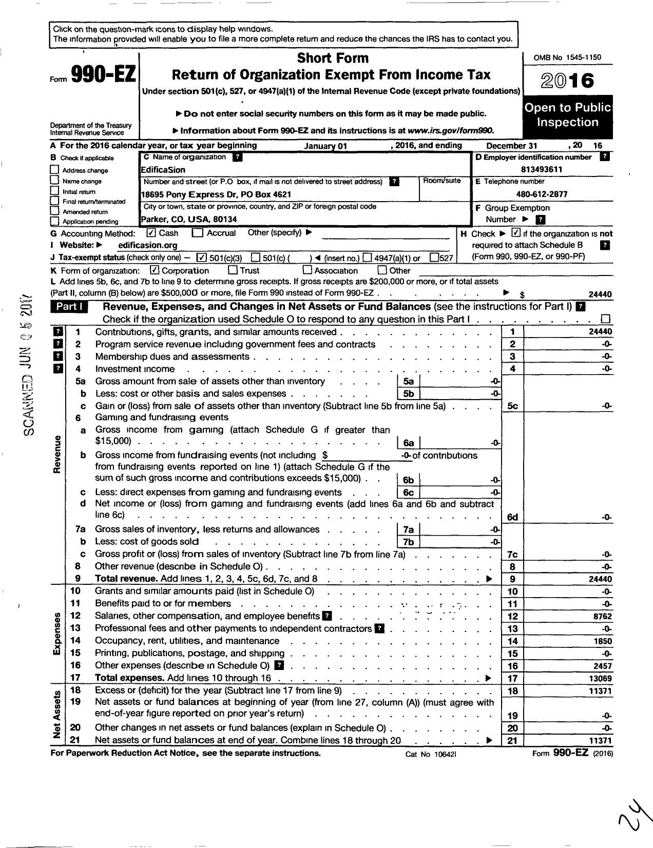 Image of first page of 2016 Form 990EZ for Edificasion