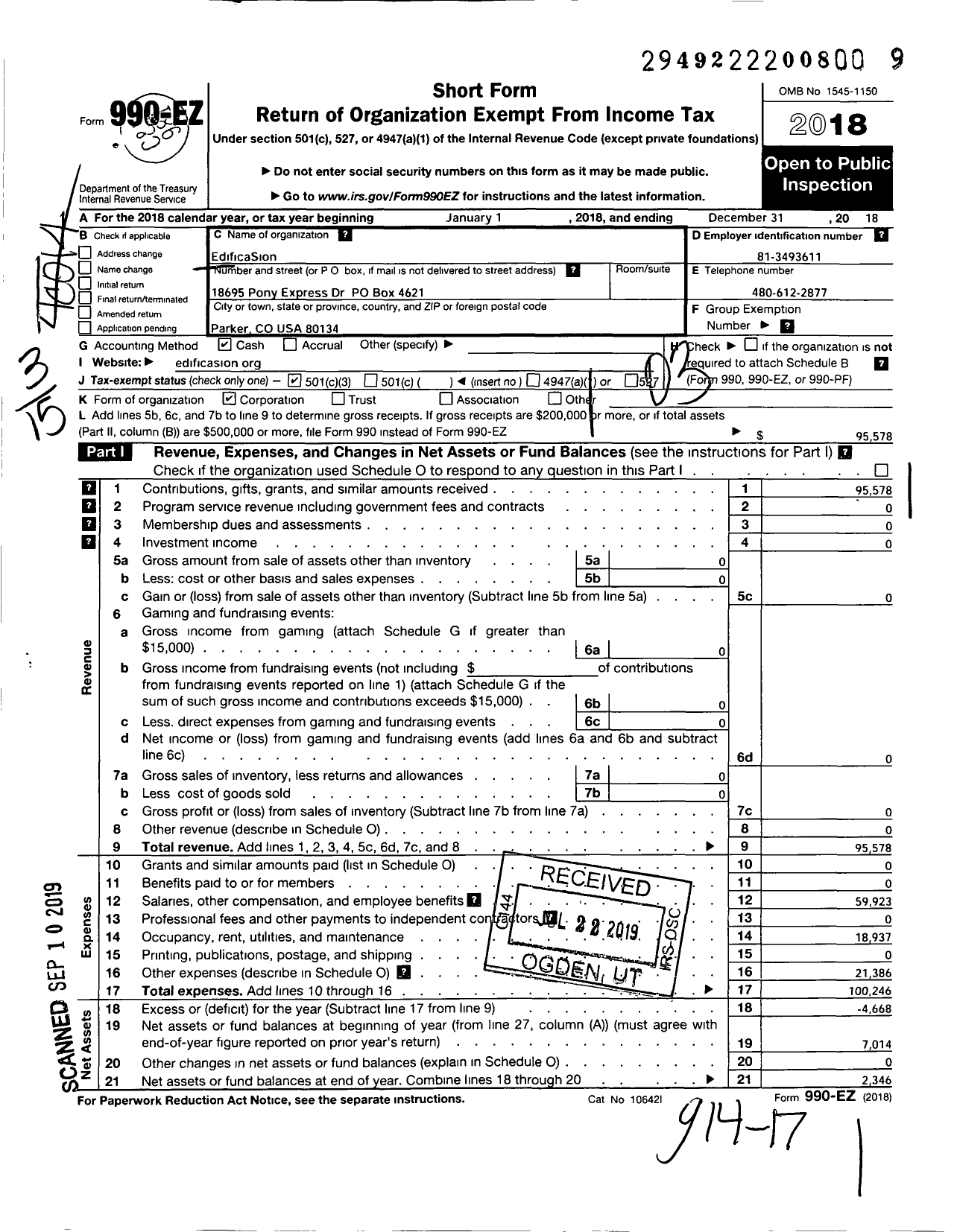 Image of first page of 2018 Form 990EZ for Edificasion