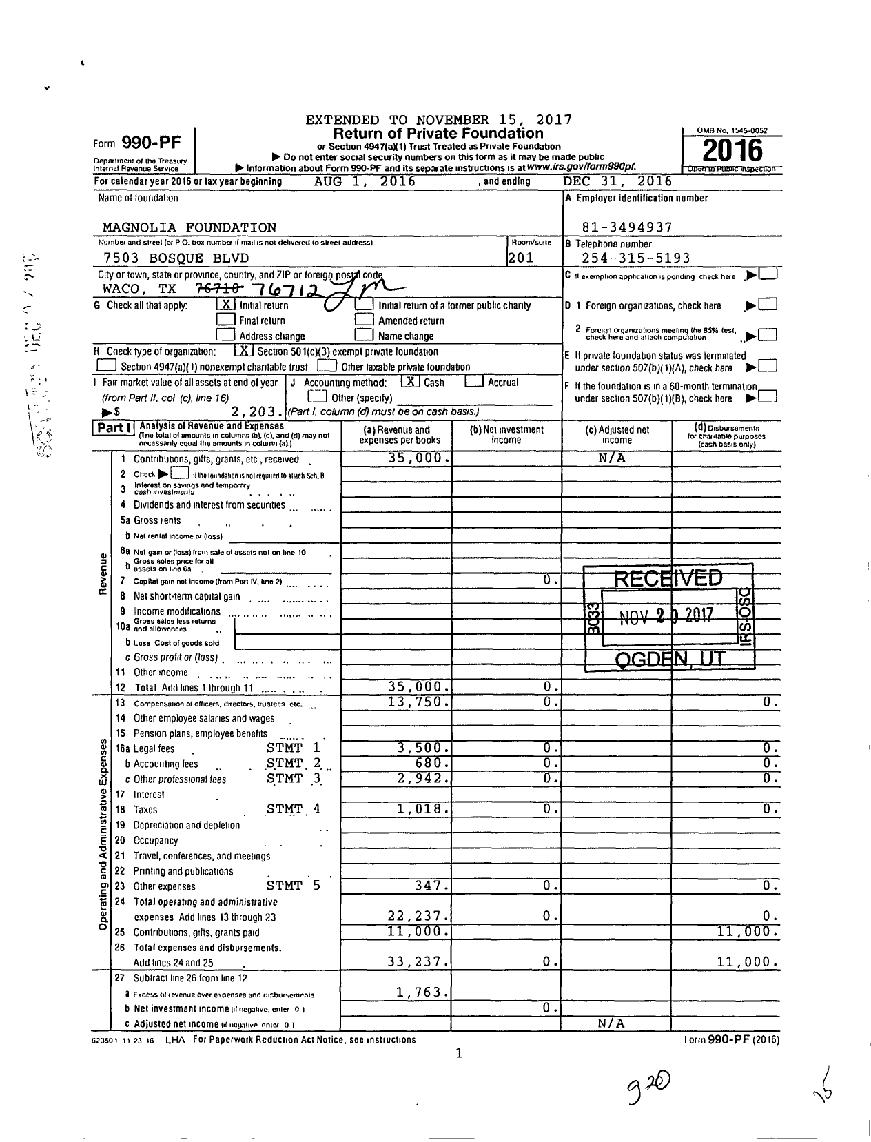 Image of first page of 2016 Form 990PF for Magnolia Foundation