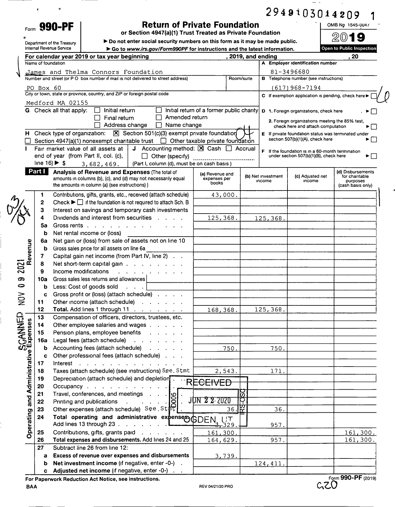 Image of first page of 2019 Form 990PF for James and Thelma Connors Foundation