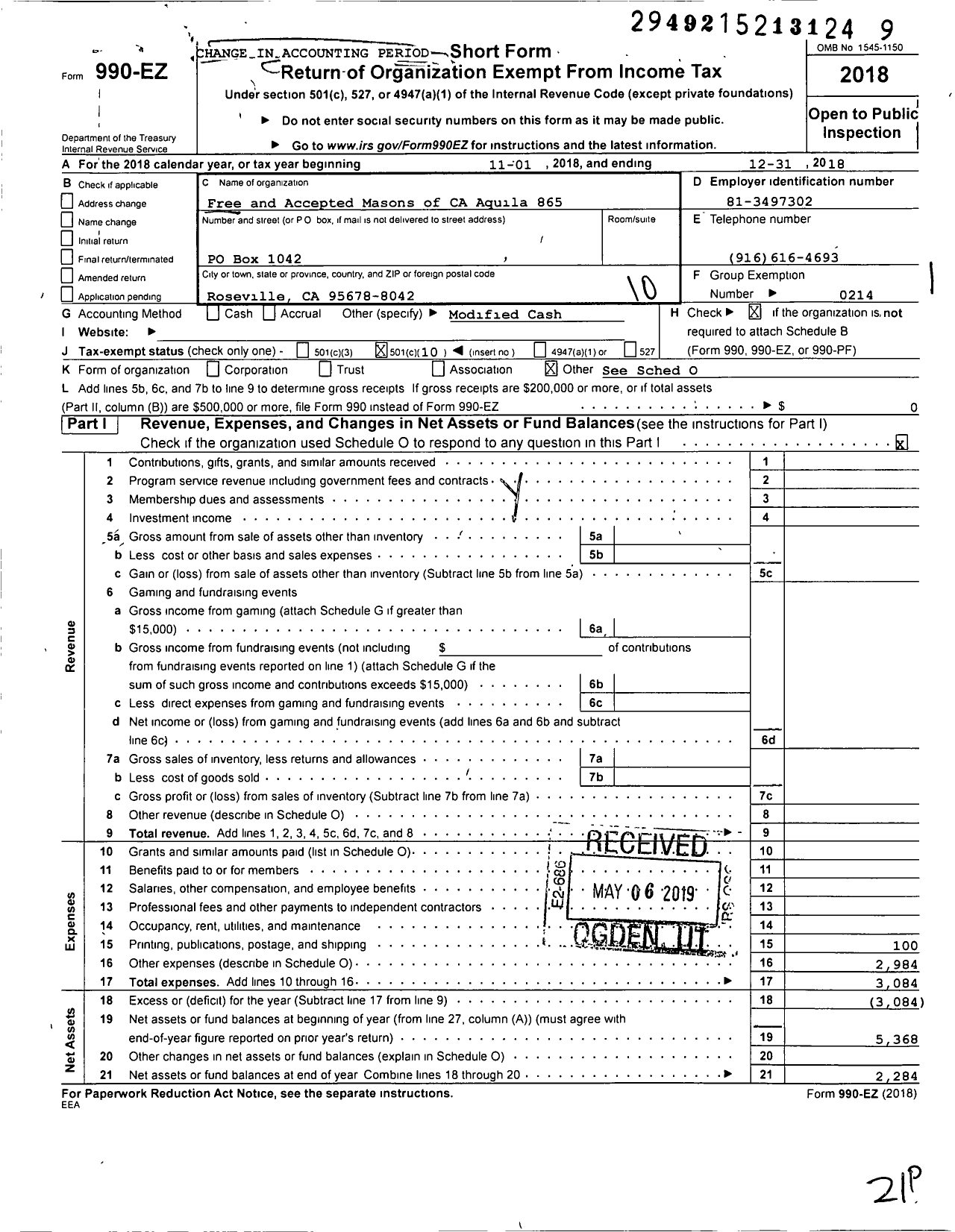 Image of first page of 2018 Form 990EO for Masons of California - Aquila Lodge