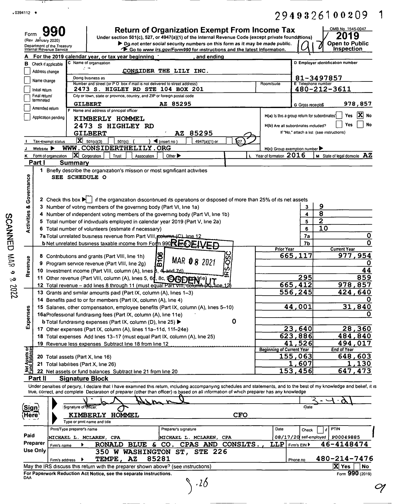 Image of first page of 2019 Form 990 for Consider the Lily Incorporated