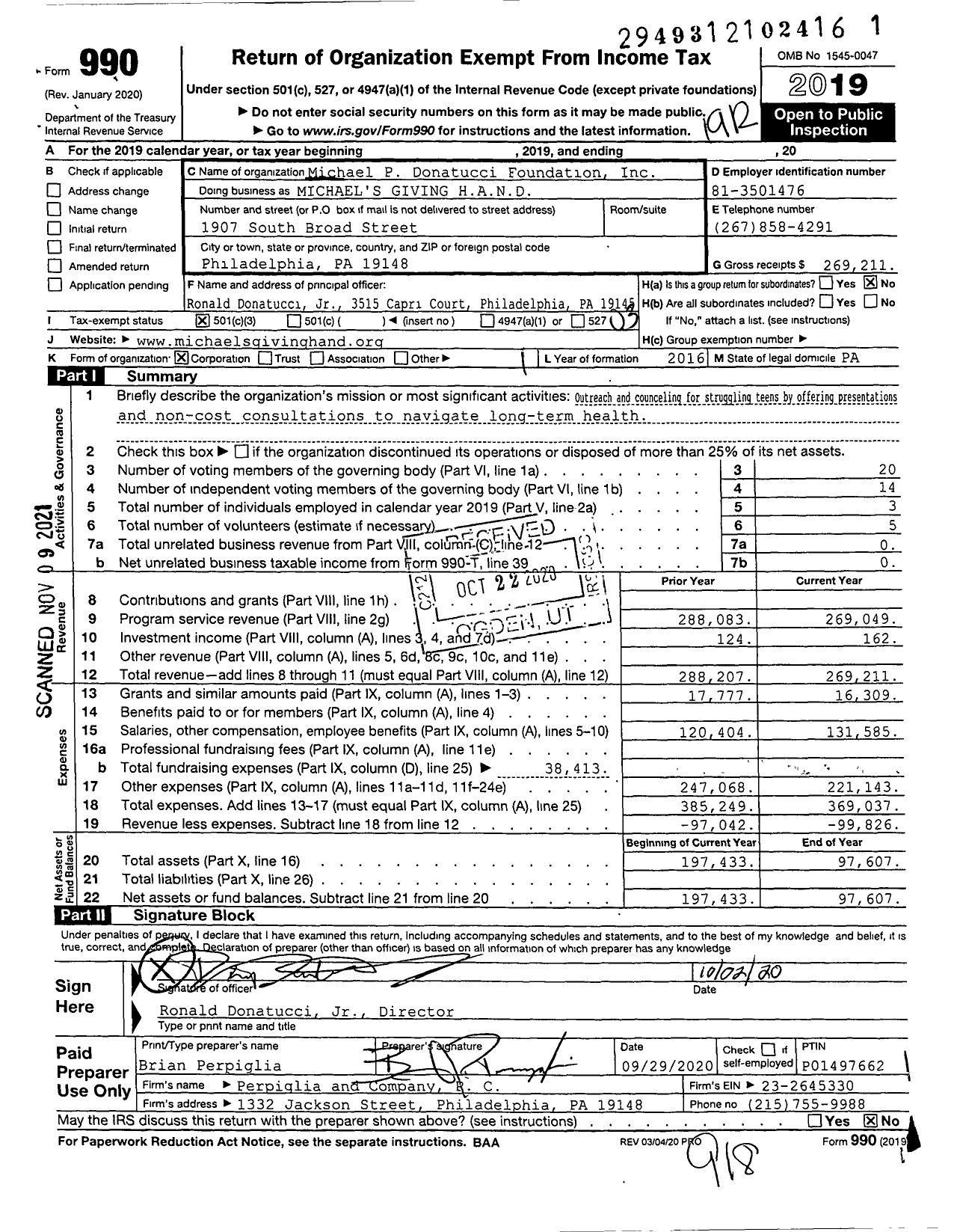 Image of first page of 2019 Form 990 for Michael's Giving Hand