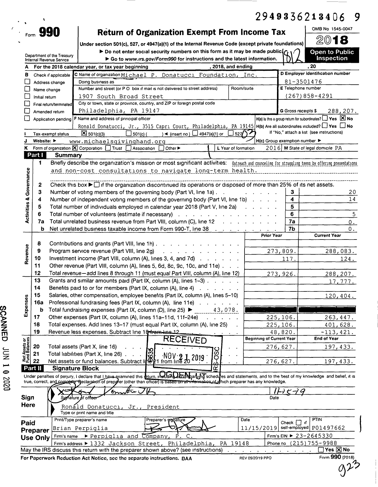 Image of first page of 2018 Form 990 for Michael's Giving Hand