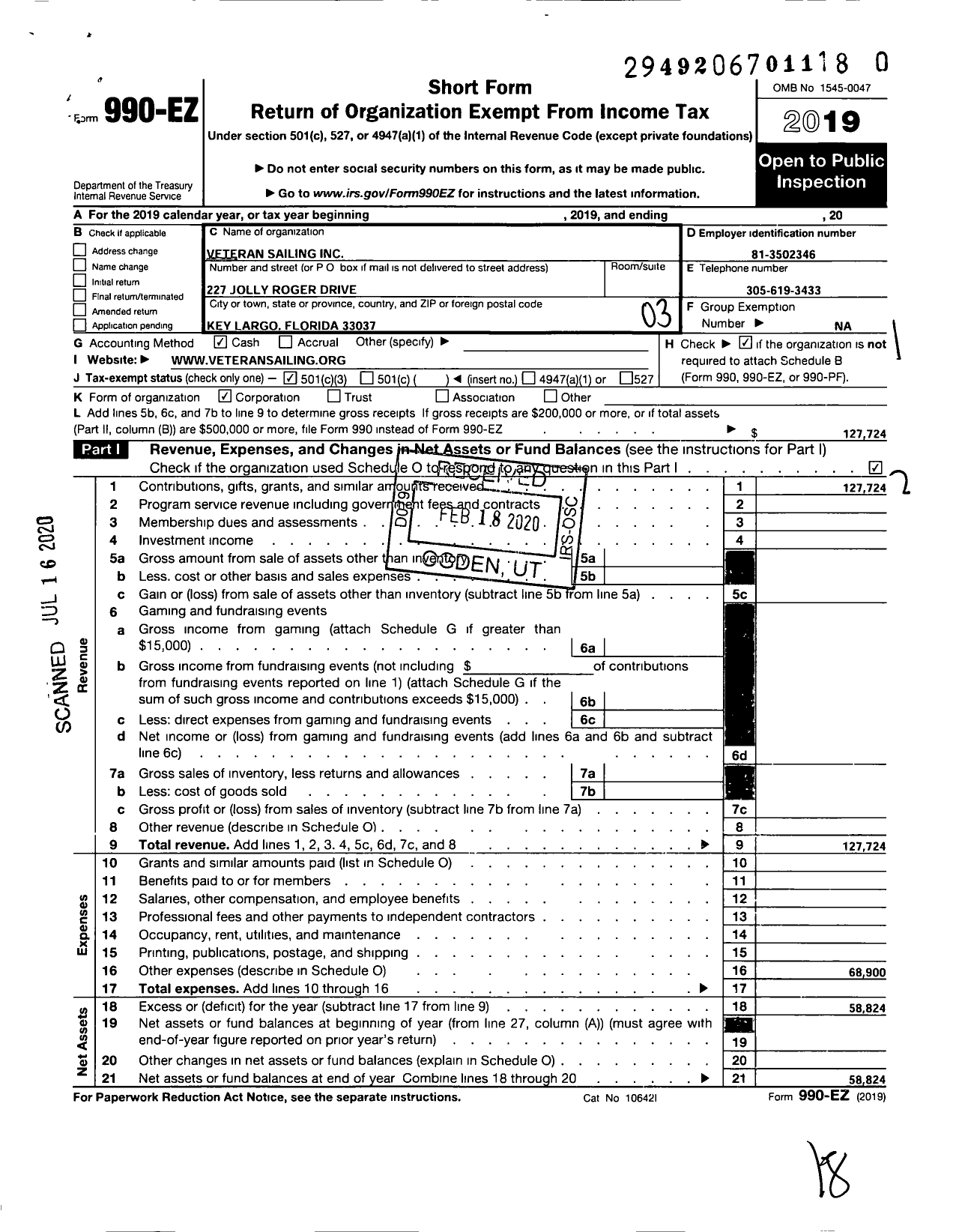 Image of first page of 2019 Form 990EZ for Veteran Sailing